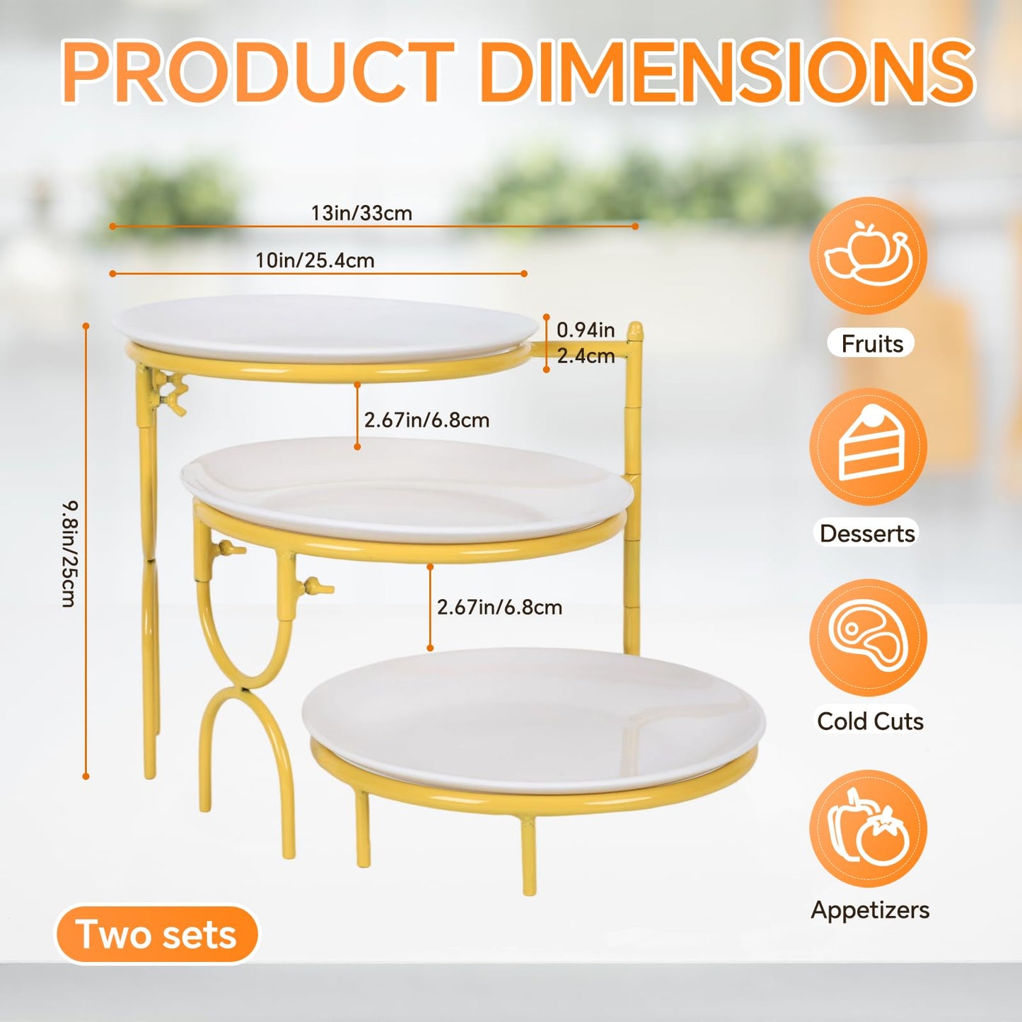 2 Set 3 Tiered Serving Stand with White Porcelain Plate Rotatable Dessert Table Display Set 10'' Round Tiered Serving Trays & Platters for Fruit Cake Cookie Dessert 2 Stand + 6 Plates