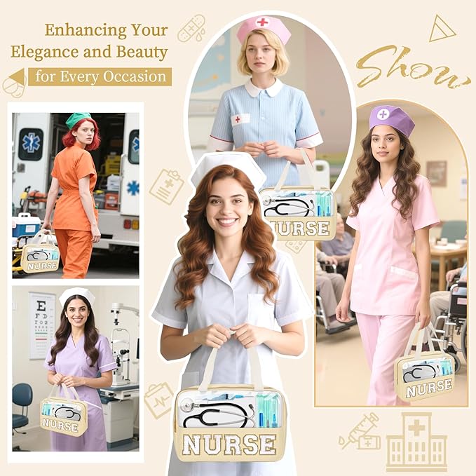 Nurses Week Gifts Chenille Letter Clear NURSE Makeup Bag for Women,Preppy Nurse Cosmetic Pouch Zipper with Handle Nurse Essentials Bag for Work Supplies,Labor and Delivery Nurse Gifts(NURSE-Beige)