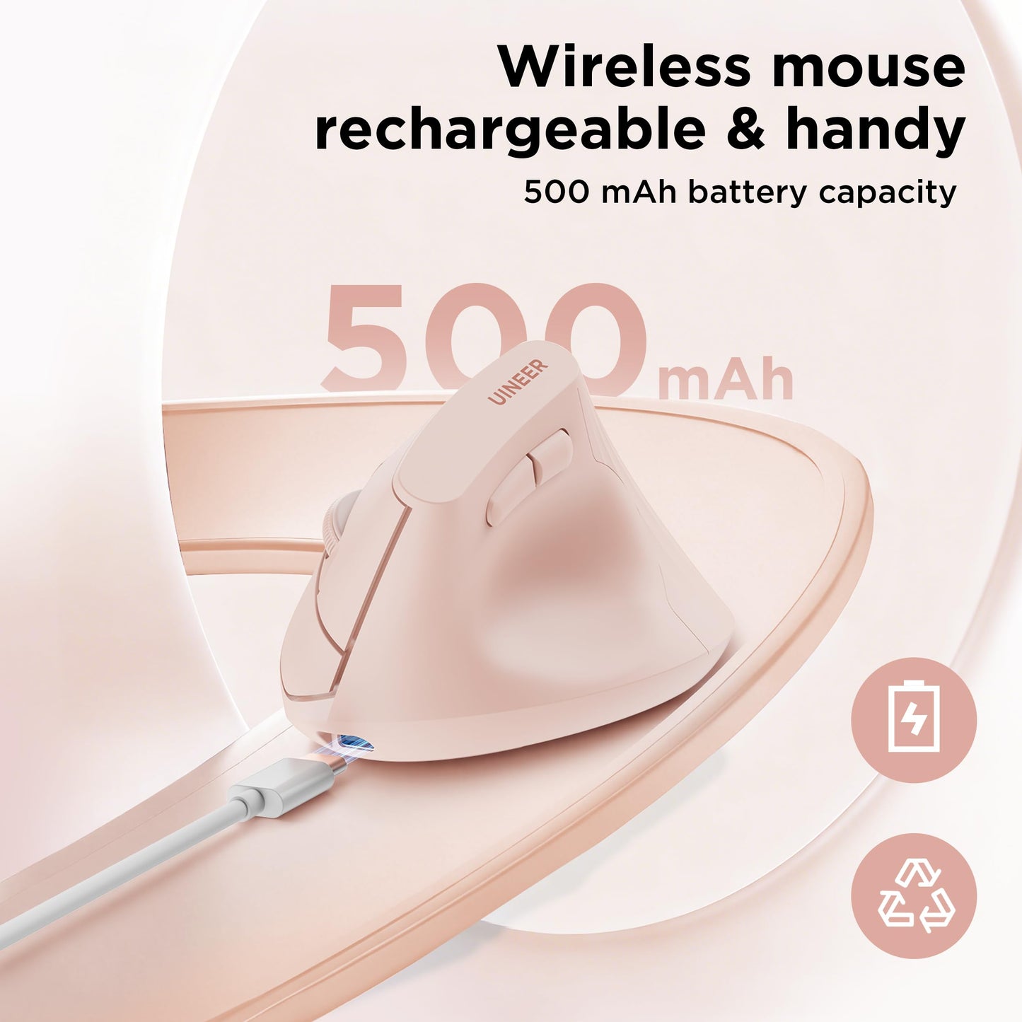 Uineer Ergonomic Wireless Mouse Pink,Bluetooth Vertical Mouse with BT5.0/4.0/2.4G, Rechargeable with Battery Indicator,Ergonomic Design for Comfort and Reduced Wrist Strain for Home,Office Use Pink