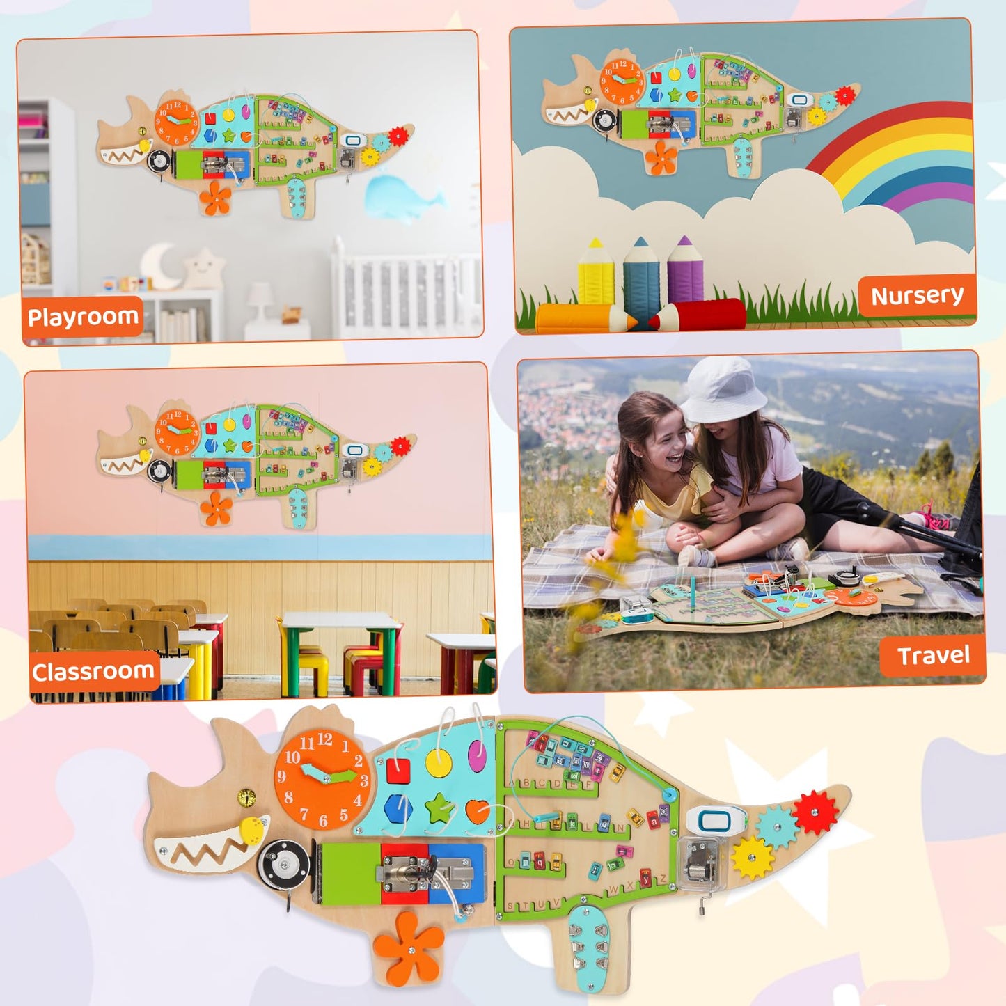 FIIOEOY Dinosaur Activity Wall Busy Board Panels, 11-in-1 Montessori Sensory Wall Panel for Kids, Toddler Learning Activity Center, Perfect for Playroom Daycare Nursery Classroom
