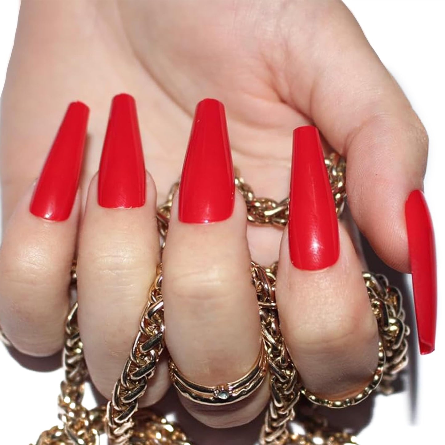 Allkem Press On Nails - Hot Red Glossy Extra Long Ballerina Multipack | 10 sizes - 100 pcs False Nails Full Cover Nail Kit with Glue
