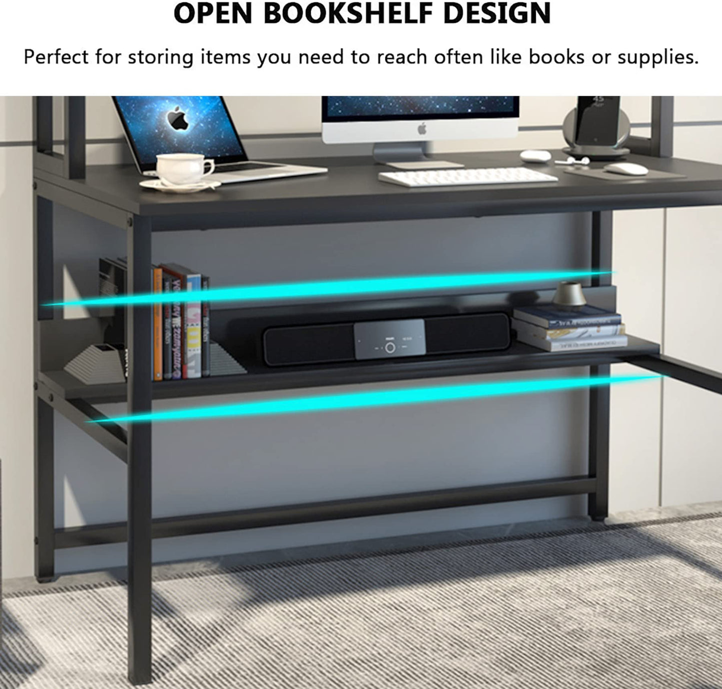 Aquzee Computer Desk with Hutch and Bookshelves, Large Leg Room 47 inch Width Black Desk with Space Saving Storage Shelves for Home Office,Study, Work, Easy Assemble