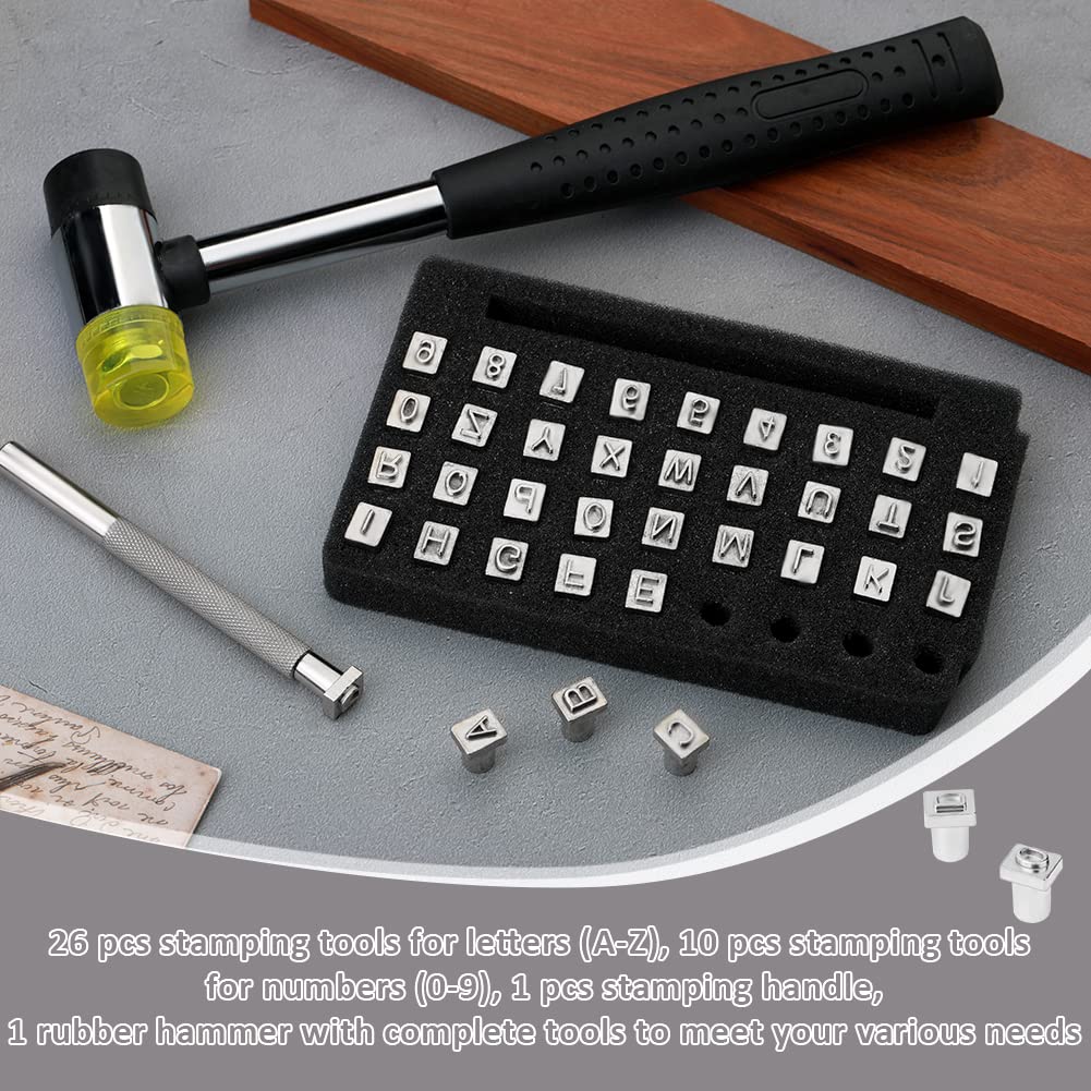 38 PCS Leather Stamping Tools, Leather Stamping Kit with 36pcs Letters and Numbers, Rubber Hammer for Leather Working