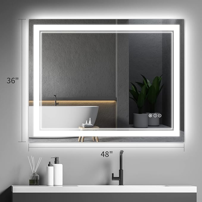 48x36 Inch Bathroom Mirror LED with Lights, Backlit and Front Lighted Anti-Fog Dimmable Memory Lighted Bathroom Vanity Mirror, Large Led Mirror for Bathroom