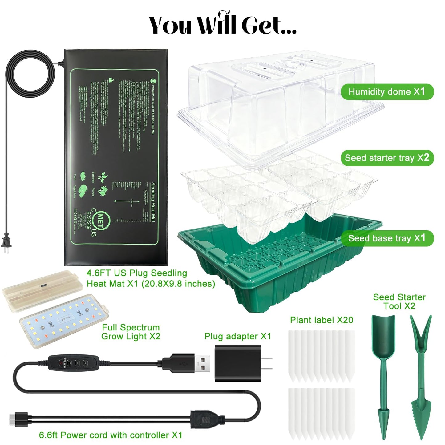 Seed Starter Tray with Grow Light and Heat Mat, Seed Starter Kit with Humidity Dome and Timing Controller, Adjustable Vent and Brightness, Ideal Germination Tray for Seed Starting and Seedling Growing
