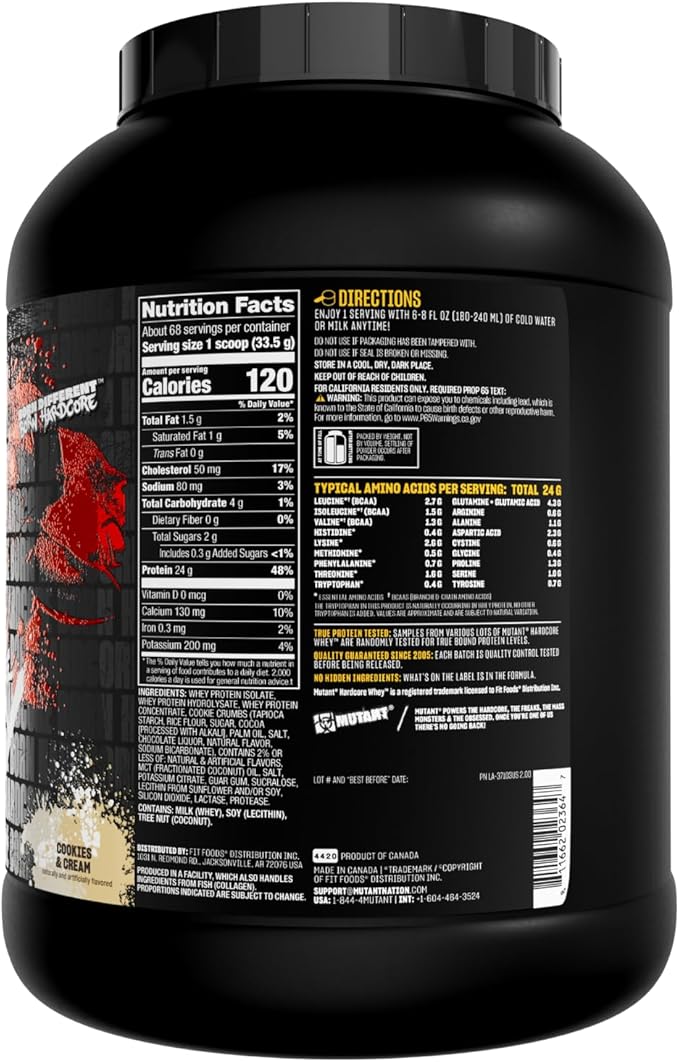 Mutant Hardcore WHEY | 100% Pure Whey Protein | 24g Protein, Fast-digesting whey Protein Isolate Plus whey Protein hydrolysate | 70 Servings | 5 LB | Cookies & Cream