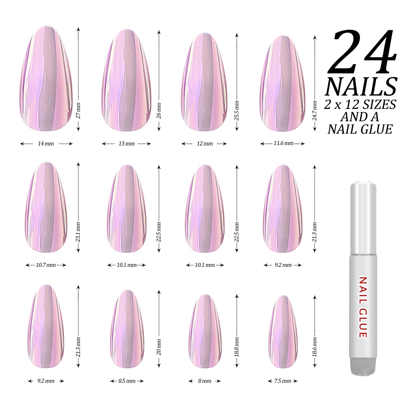 Hypnaughty 24 Pcs Light Pink Almond Chrome Luxury Press On Nails and Glue Reflective Medium Long Pointed False Nails (Light Pink Almond Chrome)