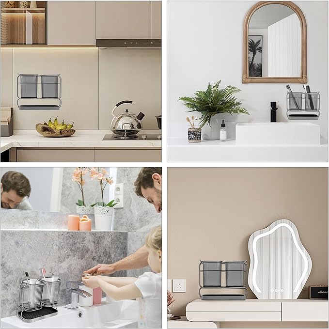 Gray Toothbrush Holders for Bathrooms, Toothbrush Holders with Drain Tray, 2 Cups Tooth Brushing Holder, Bathroom Organizers and Storage Caddy Countertop for Toothpaste, Razors, Toothbrush