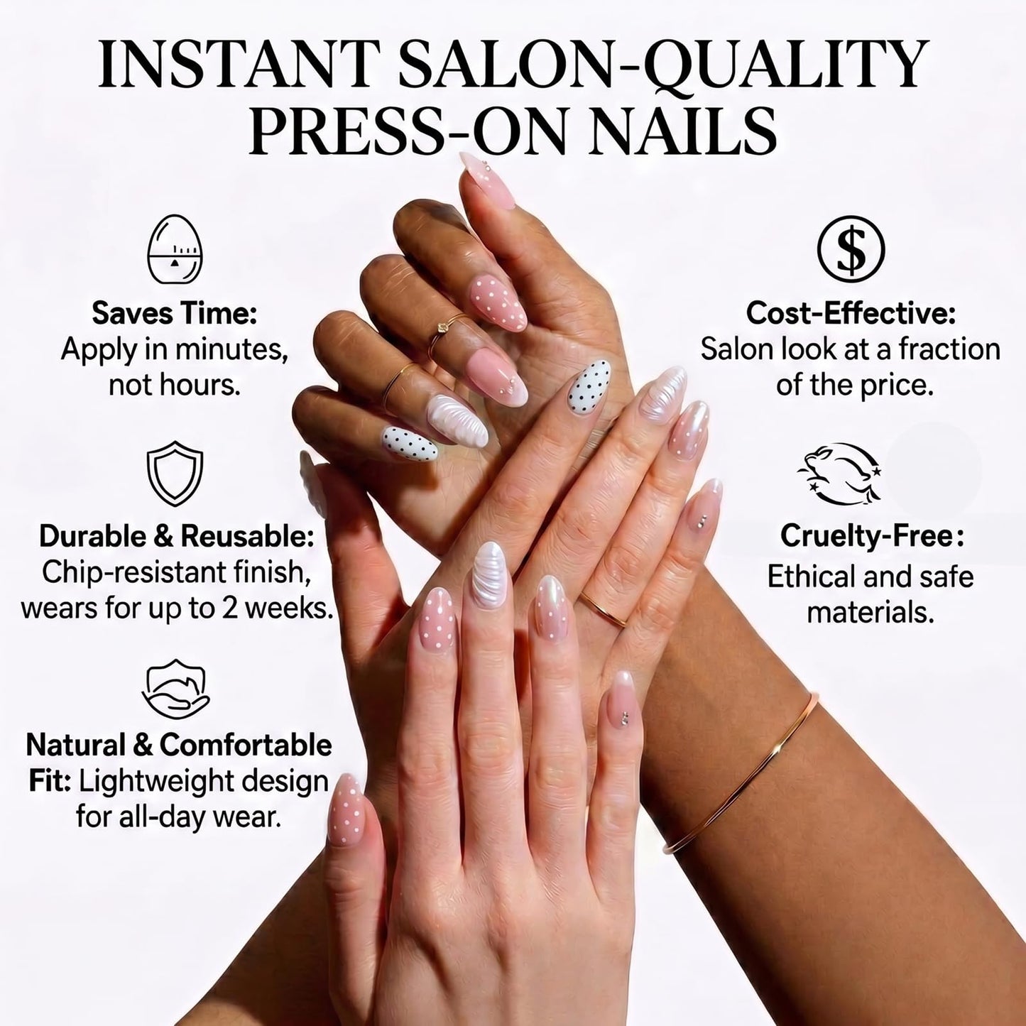 IMRAIN Almond Press on Nails, Medium Fake Nails, Nude Pink 3D Pearl Shell Polka Dot, 30 Pcs Reusable Glue on Nails for Women, Salon Quality