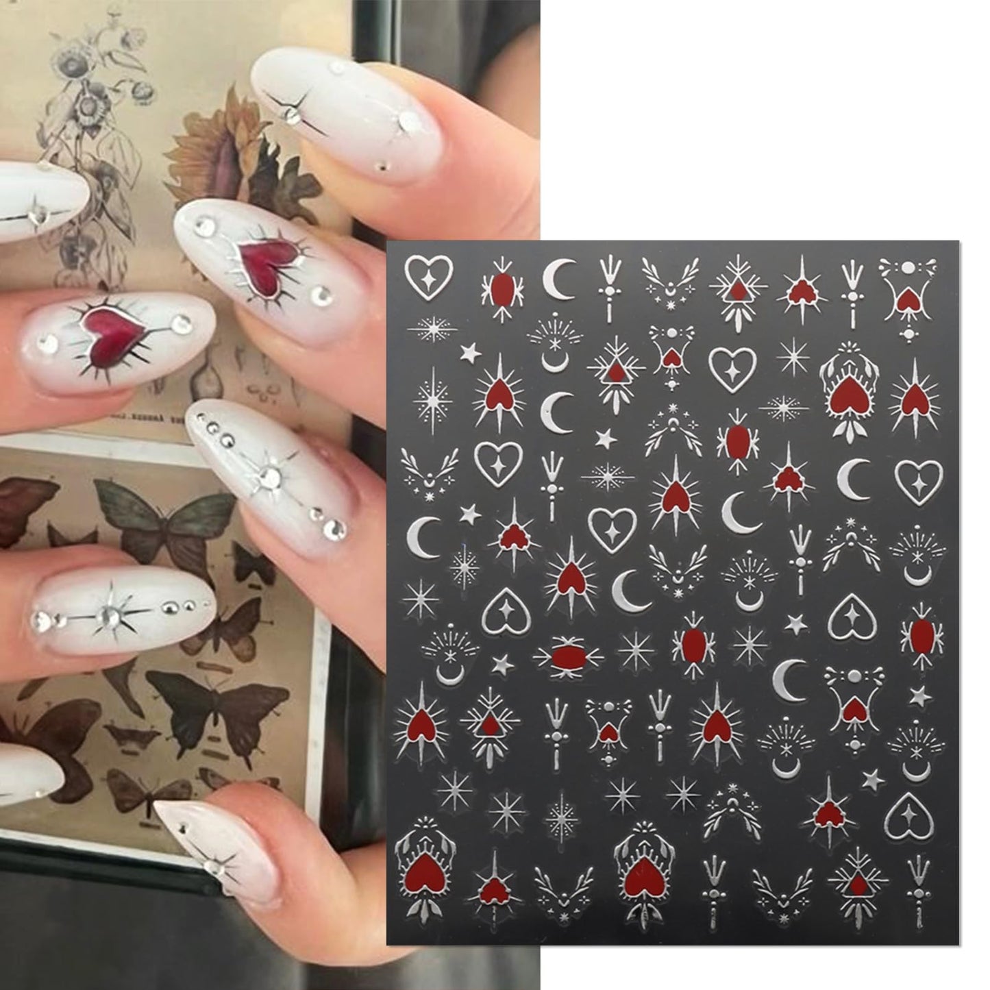 IDDFEVE 9 Sheets Gold Heart Nail Art Stickers - Valentines Day Self-Adhesive 3D Nail Decals for DIY Golden Silvery Manicure