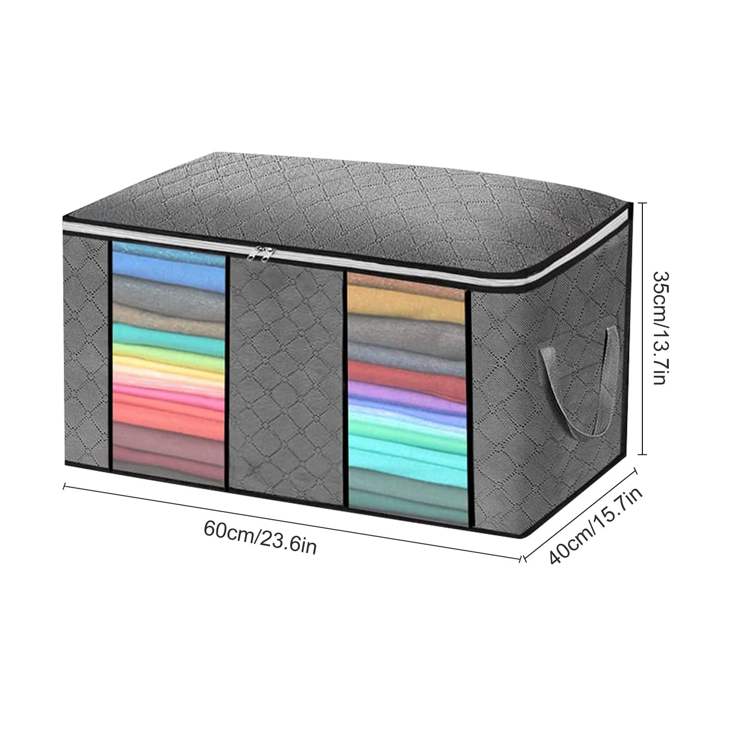 Large-capacity transparent double-window compartment clothing storage bag, foldable storage bag with zipper, suitable for organizing and storing clothes, quilts and pillows, 4-piece set (Black)