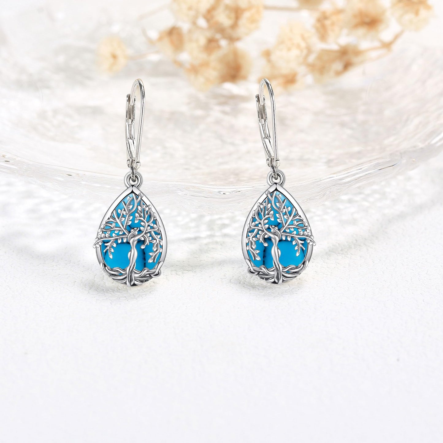 ONEFINITY Turquoise Tree of Life Earrings Sterling Silver Turquoise Tree of Life Dangle Drop Earrings Teardrop Turquoise Jewelry for Women