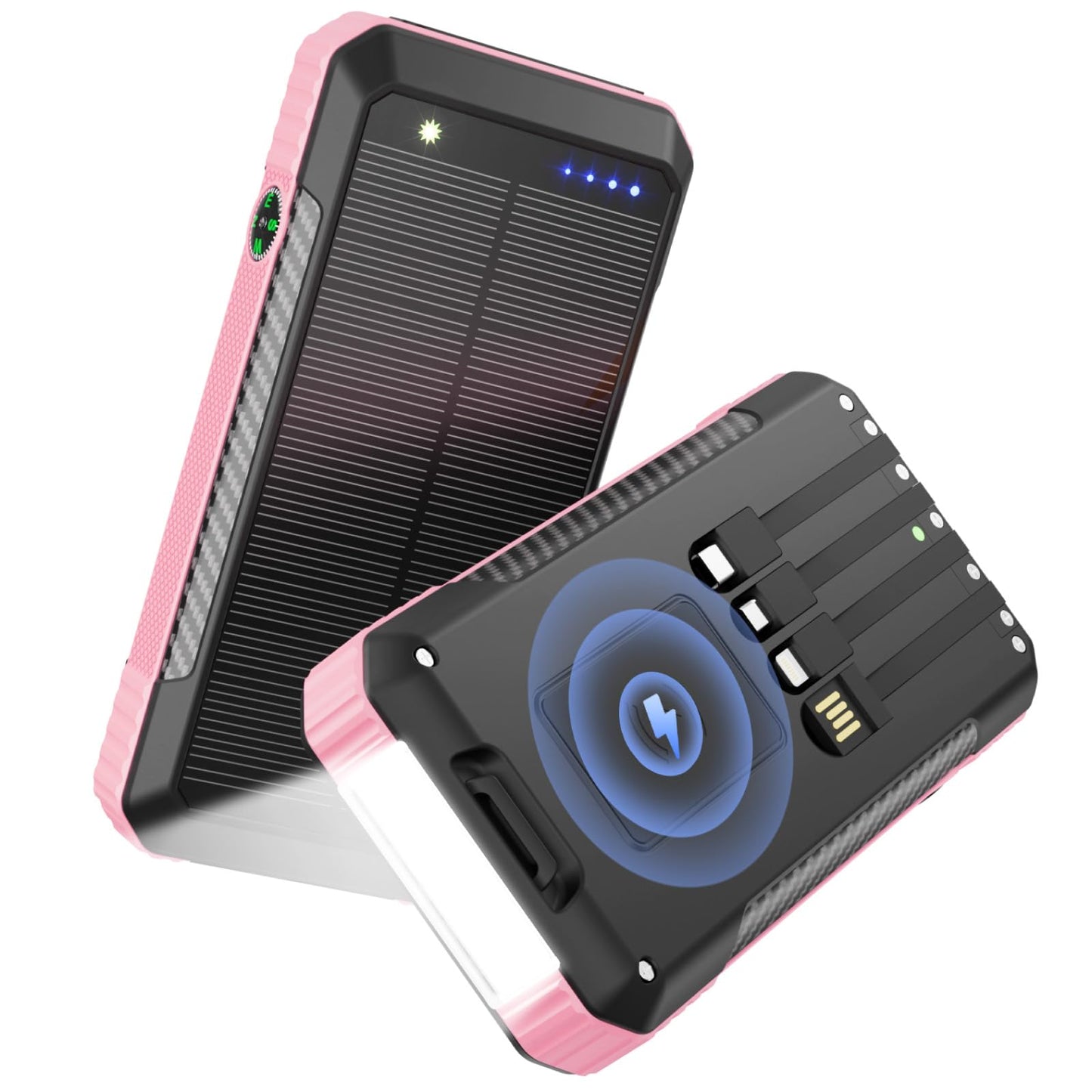 Wreaoves Solar Power Bank 33800mAh with Super Bright LED Flashlight, Built-in 4 Cables & Wireless Charging, Portable Charger with Compass, 7 Outputs & 4 Inputs for Camping/Hiking