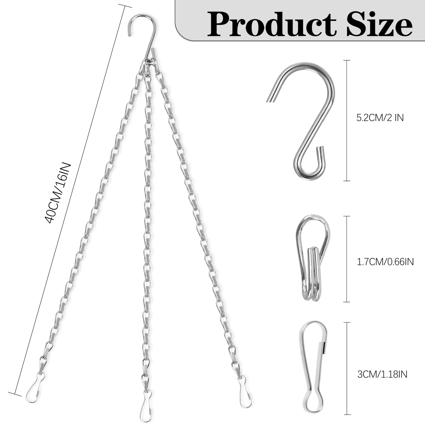 Hanging Basket Chain, 3 Pack 16 Inch Chain for Hanging Plants, Silver Plant Chains for Hanging Baskets, 3 Leads Hanging Chain with Hooks for Flower Pots Basket Bird Feeders Sign Wind Chime Billboards
