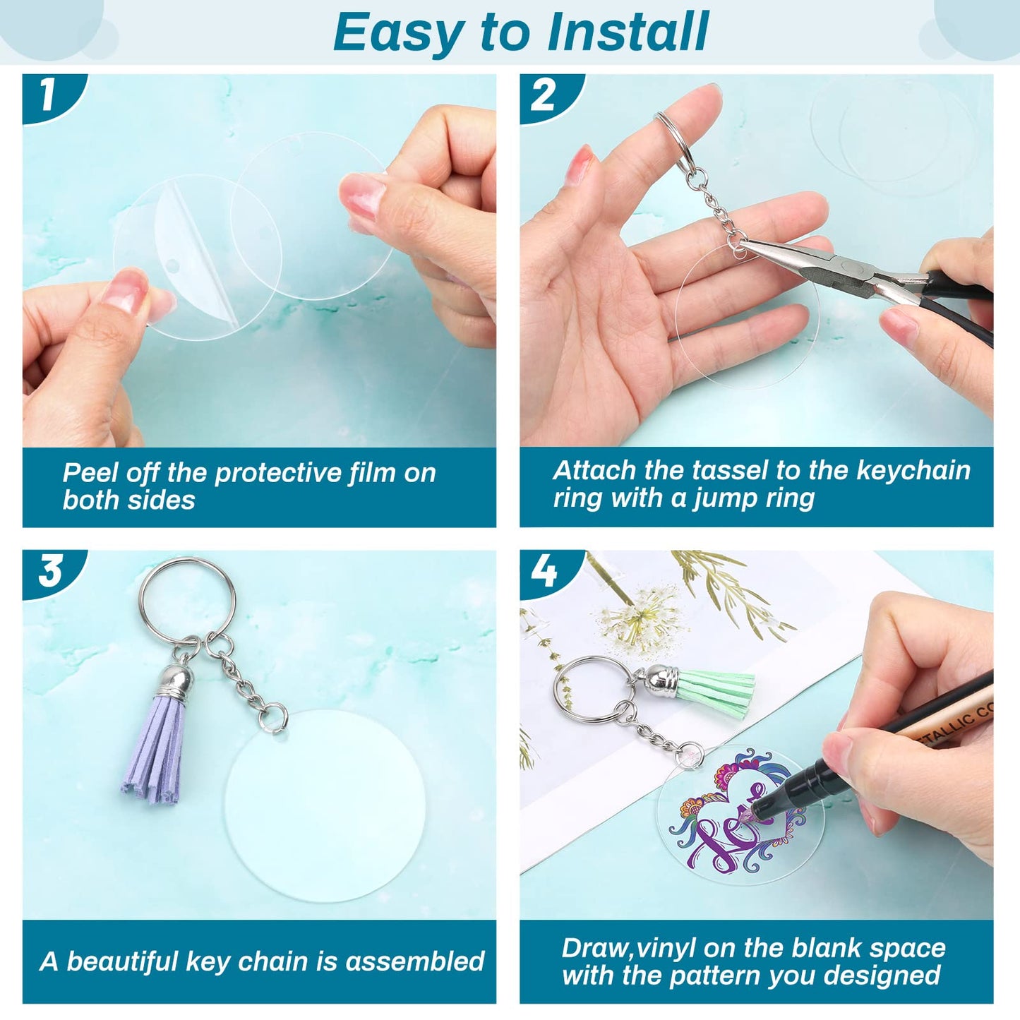 350Pcs Acrylic Keychain Blanks Cludoo Clear Acrylic Ornament Blanks for Vinyl with 60 Pcs Blanks, 60 Pcs Keychain Tassels, 170 Pcs Jump Rings and 60pcs Rings for DIY Craft