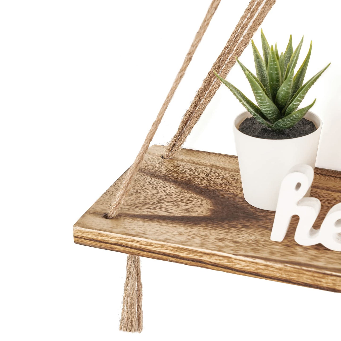 Mkono Macrame Hanging Shelves Boho Wall Decor Set of 2 Rustic Wood Floating Storage Shelf for Bedroom Bathroom Living Room Nursery Dorm Room, Display Shelving for Hanging Plants Photos
