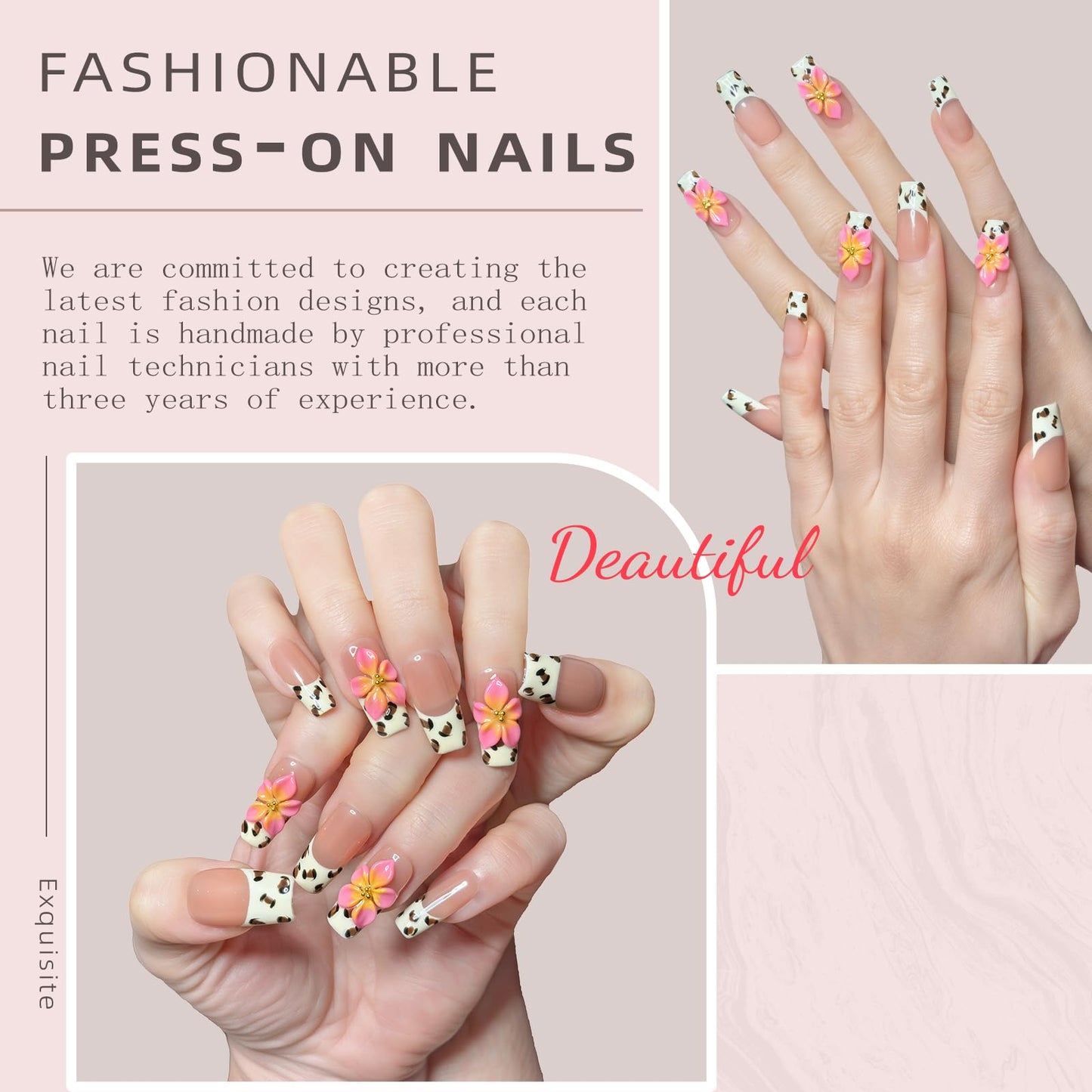 Nude Pink Handmade Press On Nails – Long Coffin French Leopard Print & Floral Rhinestone Design | Thick Acrylic Full-Coverage False Nails Spring Pattern (M-10PCS)