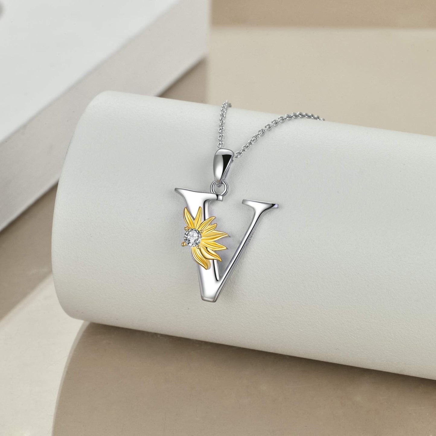 POPLYKE Sterling Silver Initial Alphabet Letter Script Name Pendant Chain Necklace for Women for (Sunflower V)