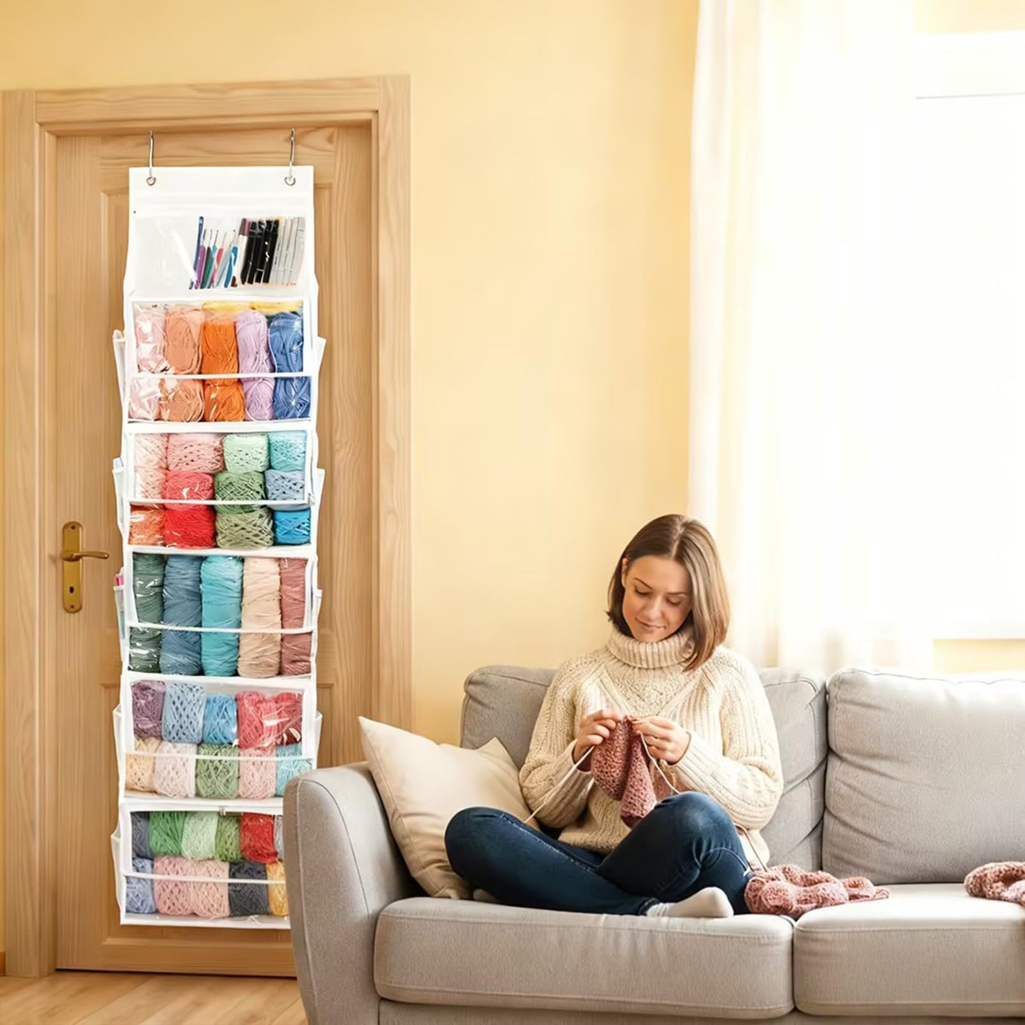 Bounlgsr 6 Large Hanging Yarn Storage Organizer with Double Zippers,10 Side Pockets, Large Capacity Knitting Needle Organizer, Over Door Yarn Organizer for Knitting Needles and Yarn