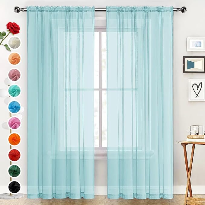 SpaceDresser Basic Rod Pocket Sheer Voile Window Curtain Panels Sky Blue 1 Pair 2 Panels 52 Width 63 Inch Long for Kitchen Bedroom Children Living Room Yard（Sky Blue, 52W x 63L）
