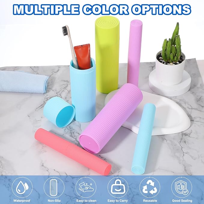uxcell 2Pcs Travel Toothbrush Case, 7.9x2.4x2.4 Portable Travel Toothbrush Holder with Stripe, Plastic Toothpaste Container for Bathroom, Gym, Business Trip, Camping, Pink