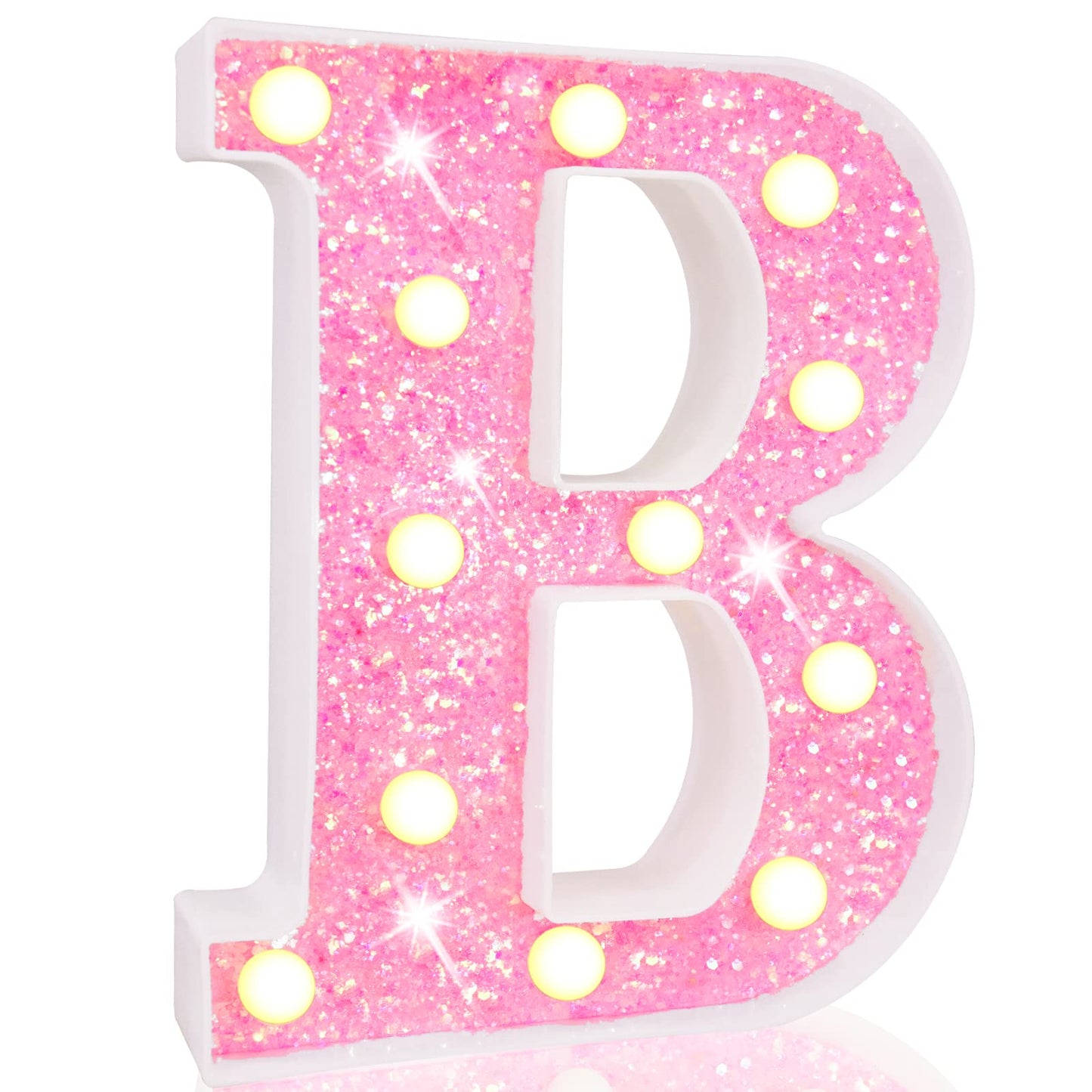 Pooqla LED Marquee Lights, Pink Glitter Alphabet Letters - Battery Powered Night Light, Birthday Party, Wedding, Home Bar, Christmas Decoration - Letter B