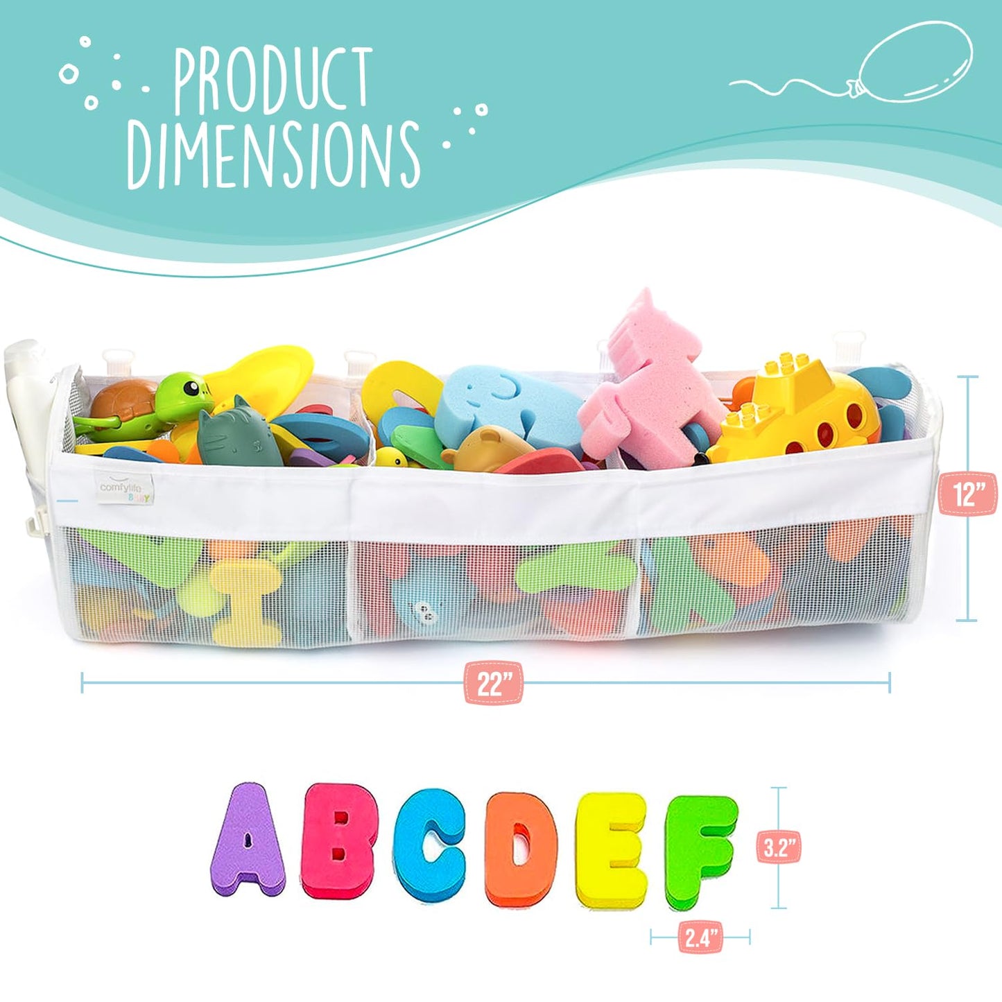 Comfylife Large Bath Toy Organizer with Letters and Numbers – 3 Compartment Bath Toy Holder for Bathtub & Shower – Quick-Dry Mesh with 4 Strong Adhesive Hooks