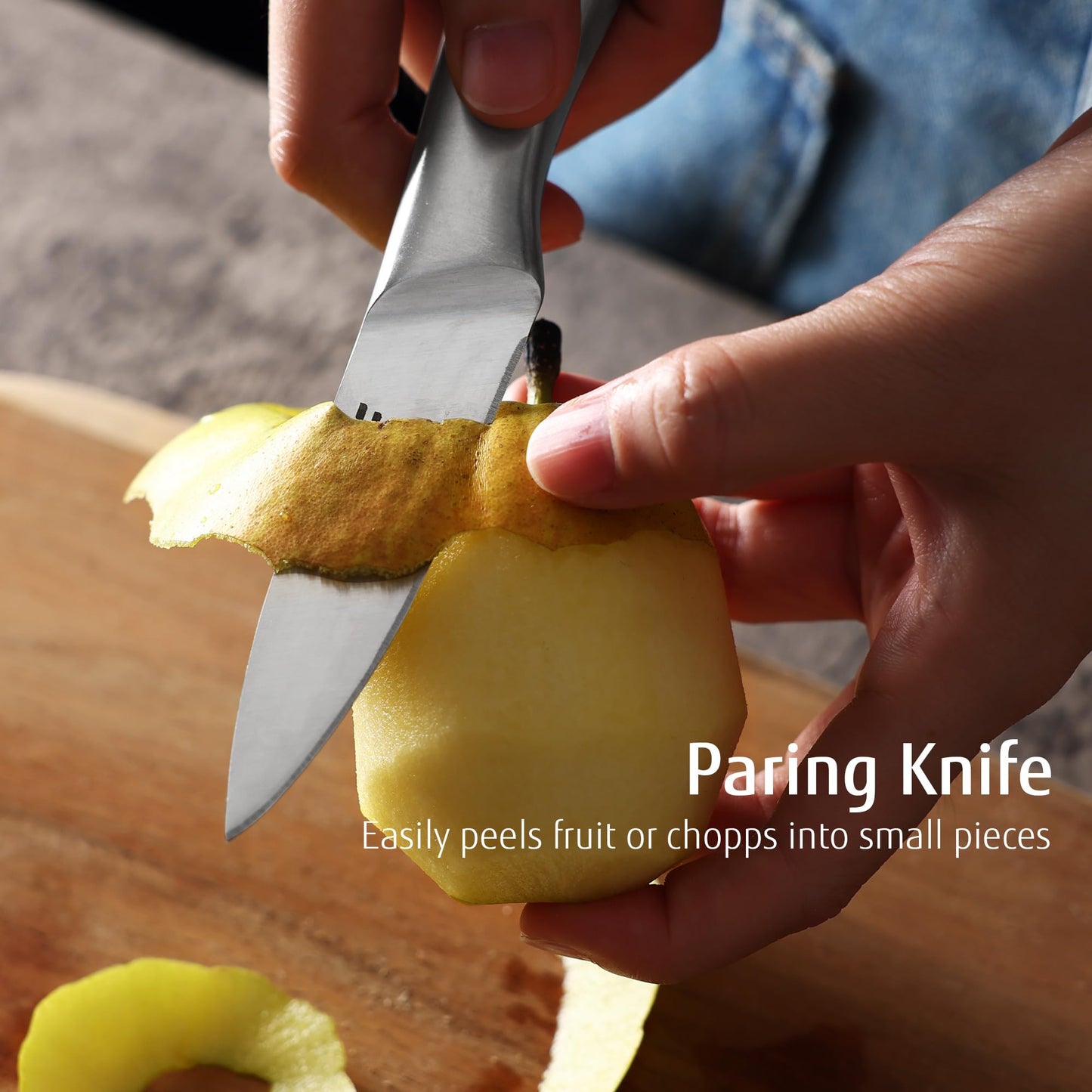 hecef Silver Kitchen knife set of 3, Satin Finish Blade with Hollow Handle, includes 8" Chef, 5" Utility and 3.5" paring knife