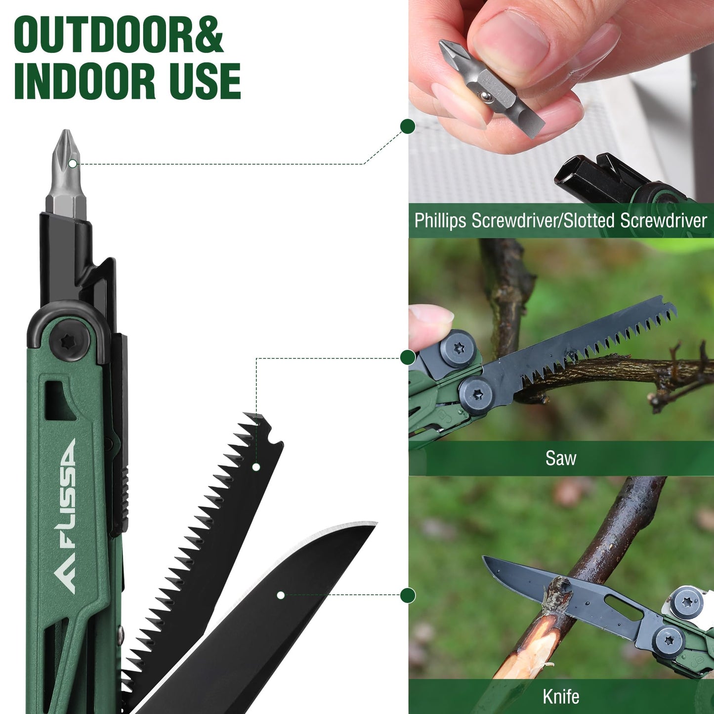 FLISSA Multitool, 15-in-1 Multi Tool Pocket Knife with Sheath, Stainless Steel EDC Multitool Pliers for Men, All-in-One Tools for Camping, Fishing, Survival