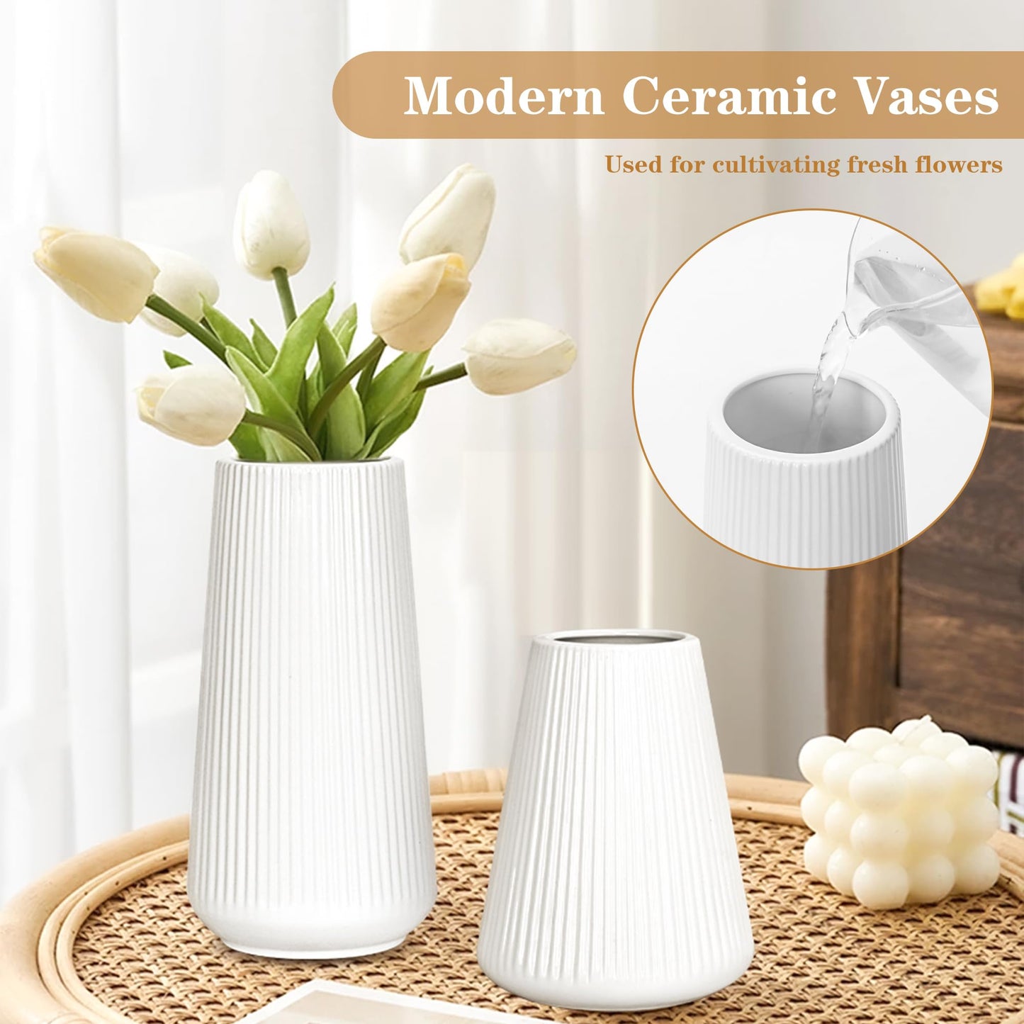 White Ceramic Vase, GUKJOB Small Cute Flower Vase for Pampas Grass, Home, Living Room, Dining Table, Farmhouse, Office Decor, Bedroom, Table, and Kitchen Shelf (White- 2PCS)