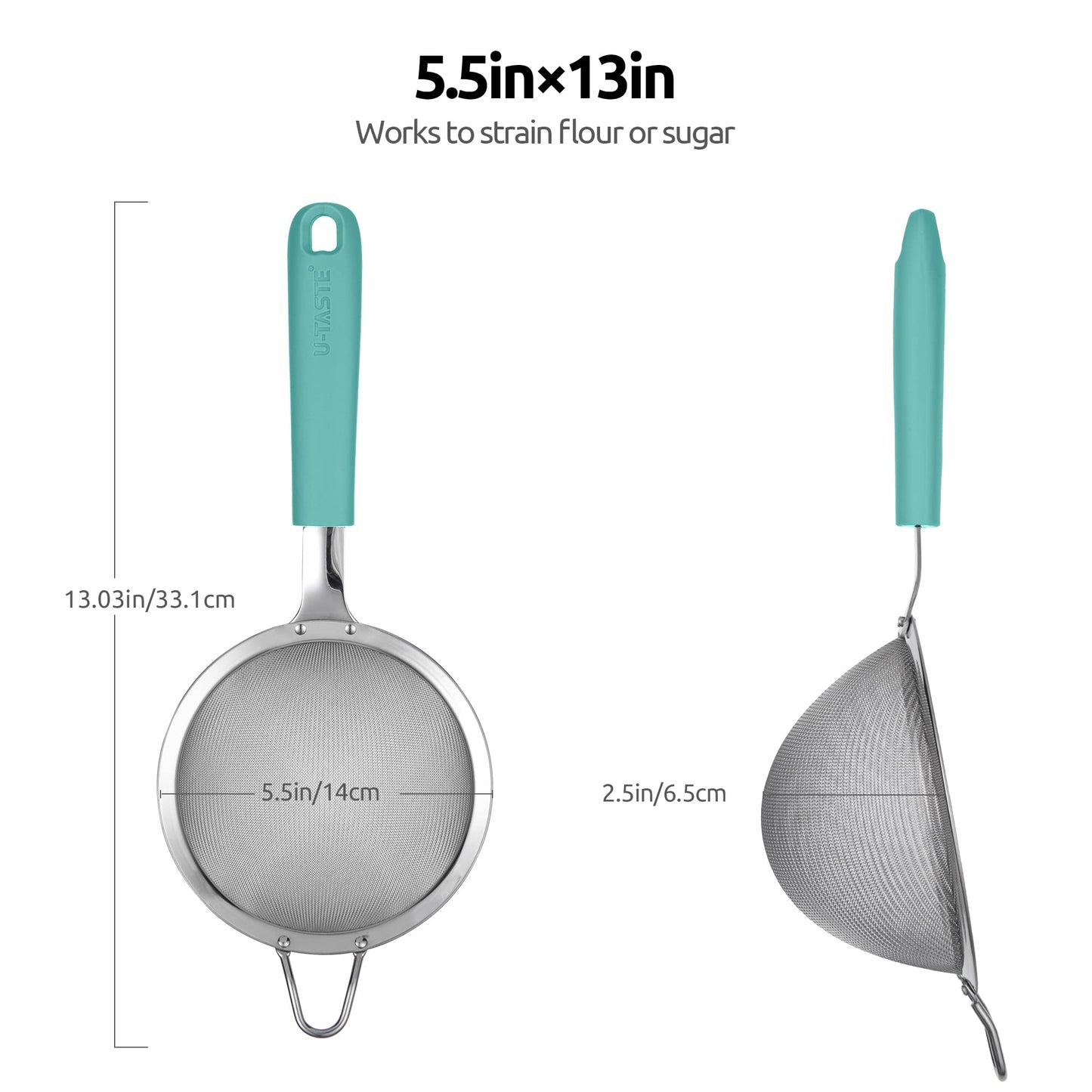 18/8 Stainless Steel Mesh Strainer: U-Taste 5.5 Inch Kitchen Fine Mesh Sieve Food Colander with Riveted Sturdy Silicone Handle and 30 Mesh Hole for Straining Flour, Pasta, Fruit, Quinoa(Aqua Sky)