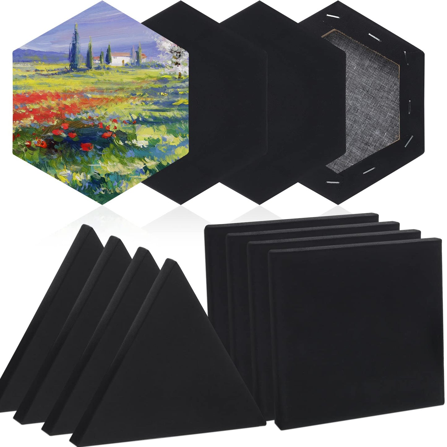 Epakh 12 Pcs Black Canvas for Painting Stretched Canvas Cotton Square Triangle Hexagon Blank Boards Panels Art with Frame Panel Stretched Boards for Oil Acrylic(6 Inch)