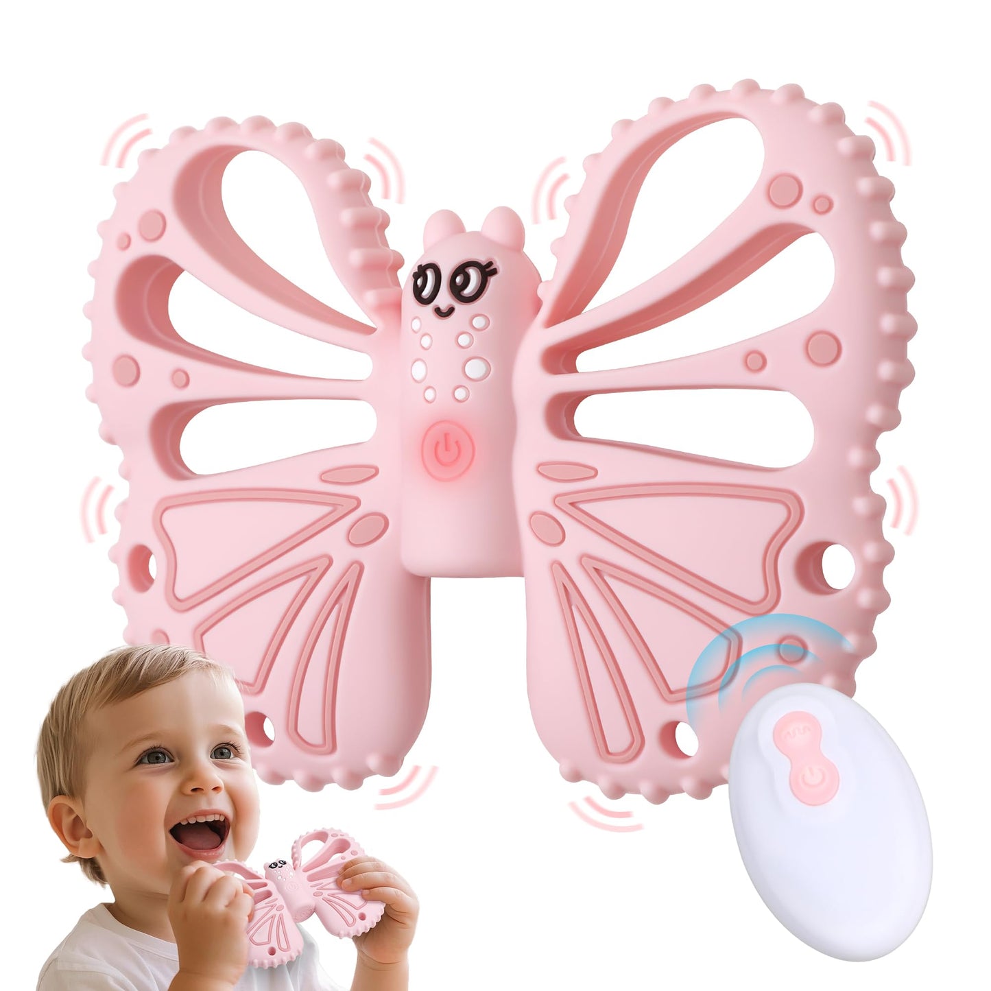 Vibrating Teether for Baby - Chewy Sensory Toy for Teething & Autism, 10-Speed Vibration Modes, USB Rechargeable, Food Grade Silicone Teether for Sensory Seekers(Pink)
