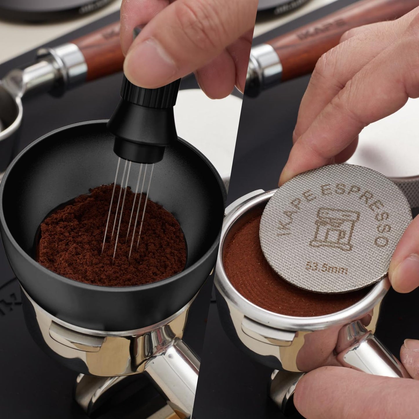 IKAPE Magnetic Dosing Funnel Set, 53MM Espresso Dosing Ring & Puck Screen Kit Compatible with Breville 54MM Bottomless Portafilter - with 8 Small Magnet (Black)
