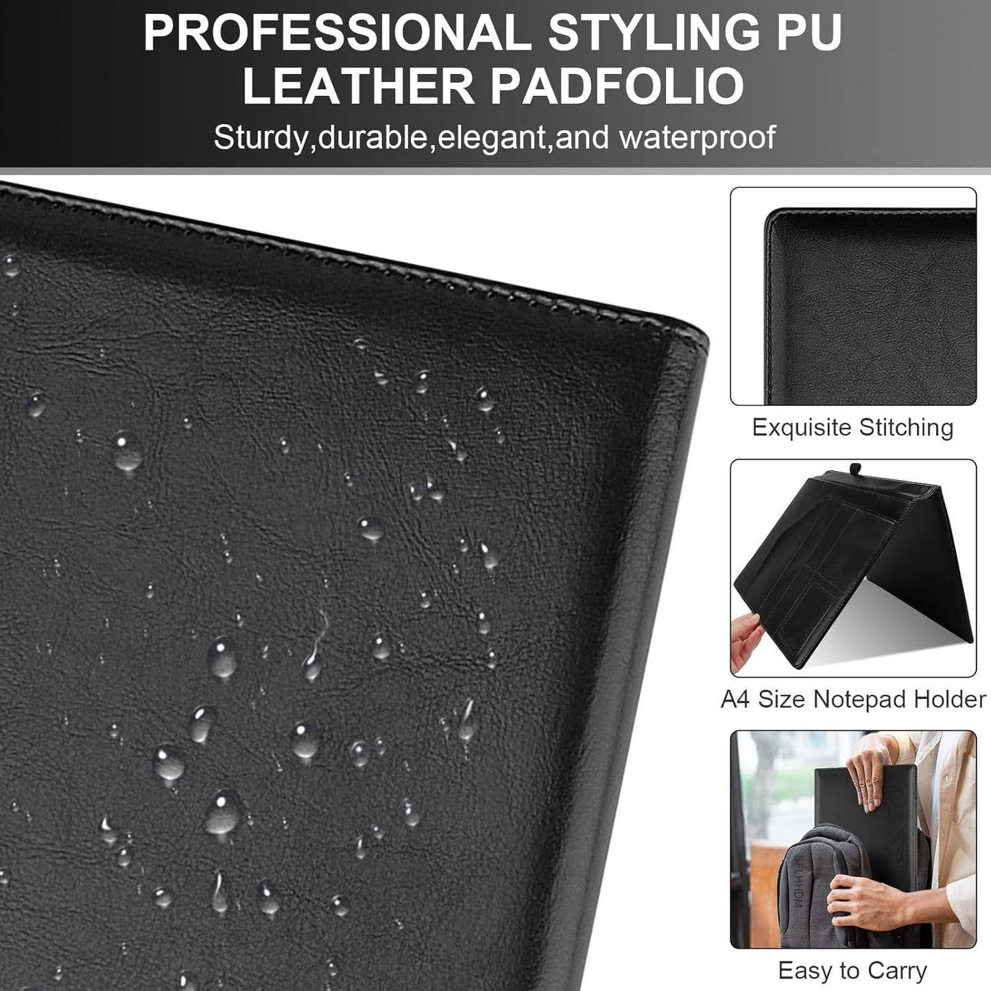 Portfolio Folder Padfolio with A4 Clipboard, Professional PU Leather Folder Binder with Clipboard Folio, Letter Size, Clip Board Organizer for Legal Documents, Business Card Resume Folder, Men Women