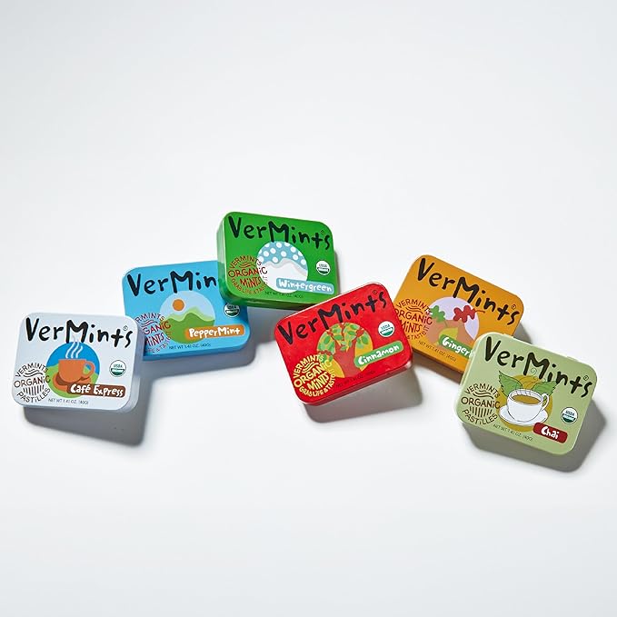VerMints Organic Breath Mints – Peppermint, Ginger, Wintergreen, Cinnamon, Chai & Cafe Express Flavored Mints - Non-GMO, Gluten-Free, Vegan & Kosher Healthy Refresh - 1.41oz – 6 Variety Travel Tins