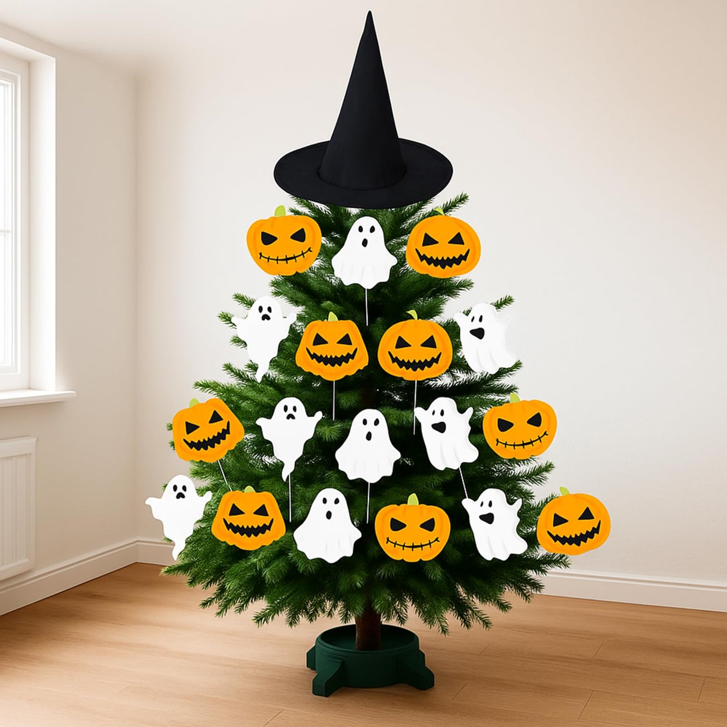19 PCS 8 Inch Large Spooky Ghosts Pumpkin Halloween Tree Picks 15" Witch Hat Cute Trick or Treat Ghost Picks Ornaments for Tree Hanging Party Decor Topper Home School Table Vase Décor