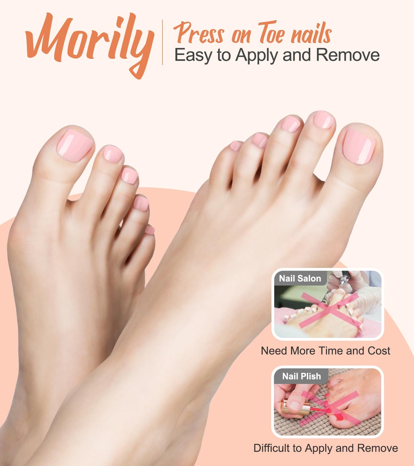 Morily Press on Toenails Light Pink Fake Toenails Short Acrylic Toe Nails Square False Toes Nails Reusable Full Cover Beach Toesnails for Women - 28Pcs in 14 Sizes
