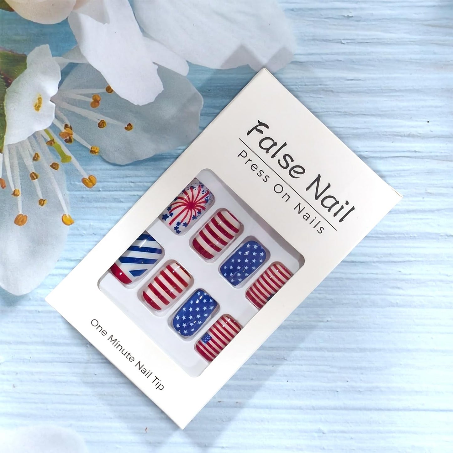 4th of July Press on Nails Medium Square Fake Nails American Flag with White Stars Acrylic Nail Independence Day Stick on Nail Reusable Glue on Artificial Fingernails for Women Holiday Manicure 24Pcs