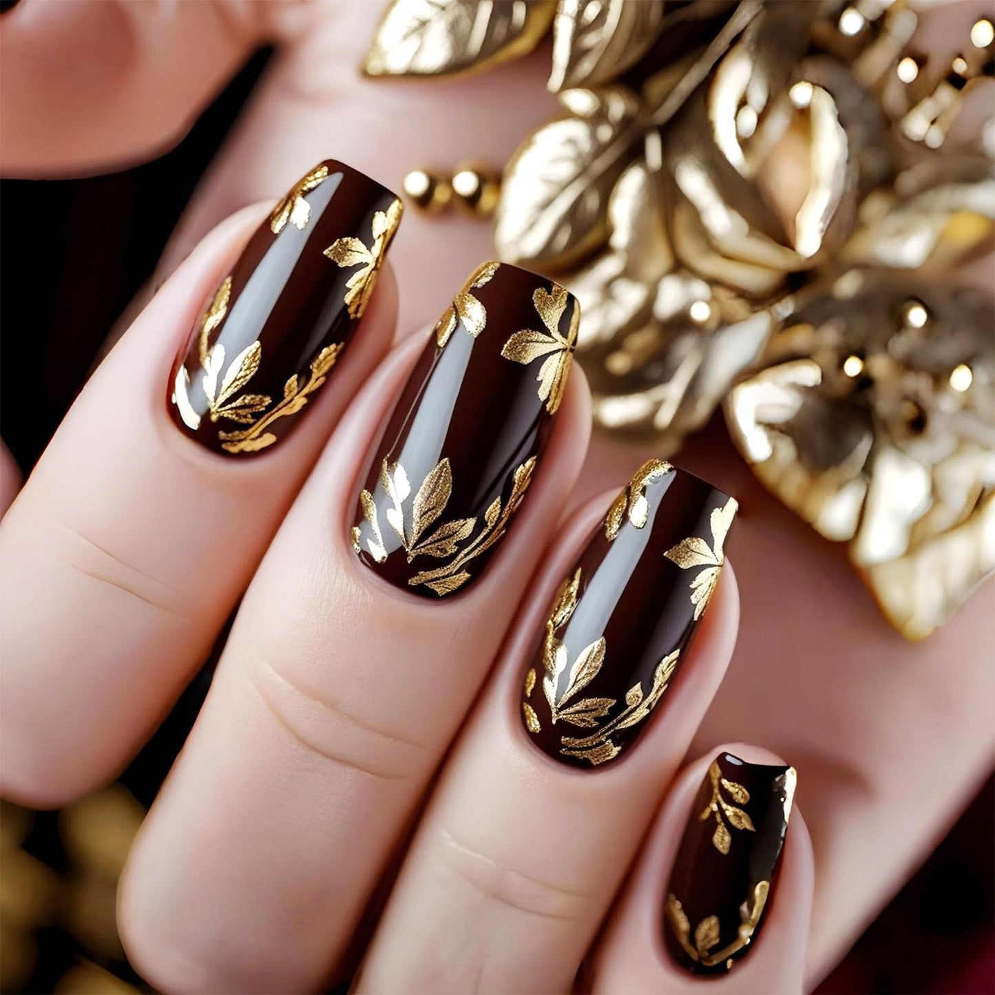 Fall Press on Nails Medium Coffin Fake Nails with Gold Leaves Designs Glossy Glue on Nails Brown Nails Press ons Autumn Acrylic Artificial Stick on Nails for Women 24Pcs
