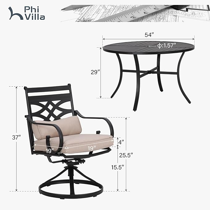 PHI VILLA 7 Pieces Outdoor Dining Set for 6, 54" Round Black Metal Table & Wrought Iron Swivel Chairs, Rustproof Large Outside Furniture with Cushions & Pillows for Patio, Deck, Porch
