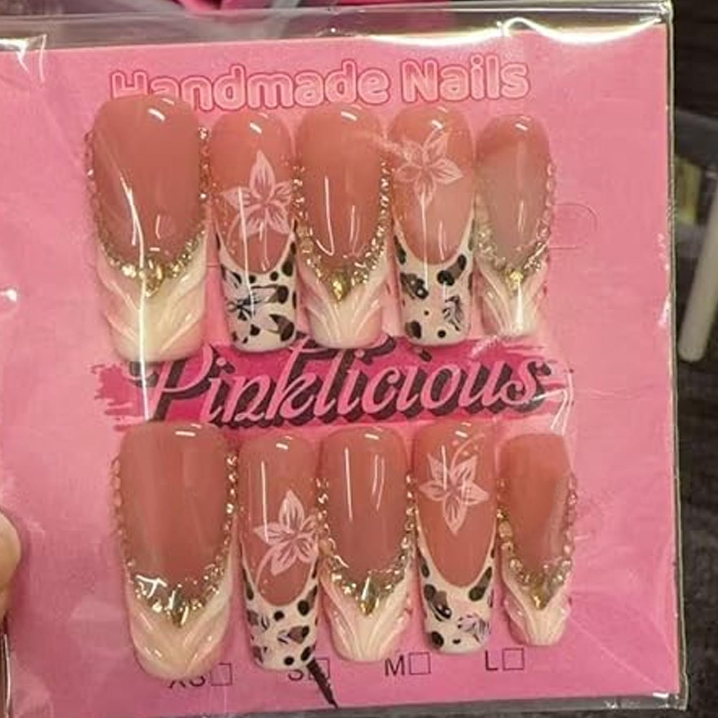 Pinklicious Handmade Pink French Tip Press On Nails, Long Reusable False Nails with Glitter Accent, Floral & Leopard Print Decorative Fake Nails for Women (L)