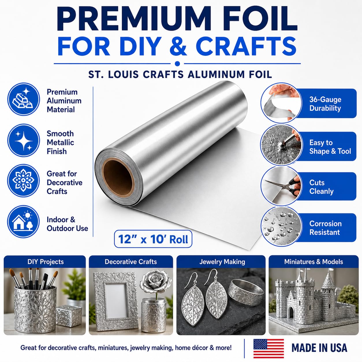 St. Louis Crafts Aluminum Metal Foil Roll, 36 Gauge, 12" x 10', Durable Foil for DIY and Crafting Projects
