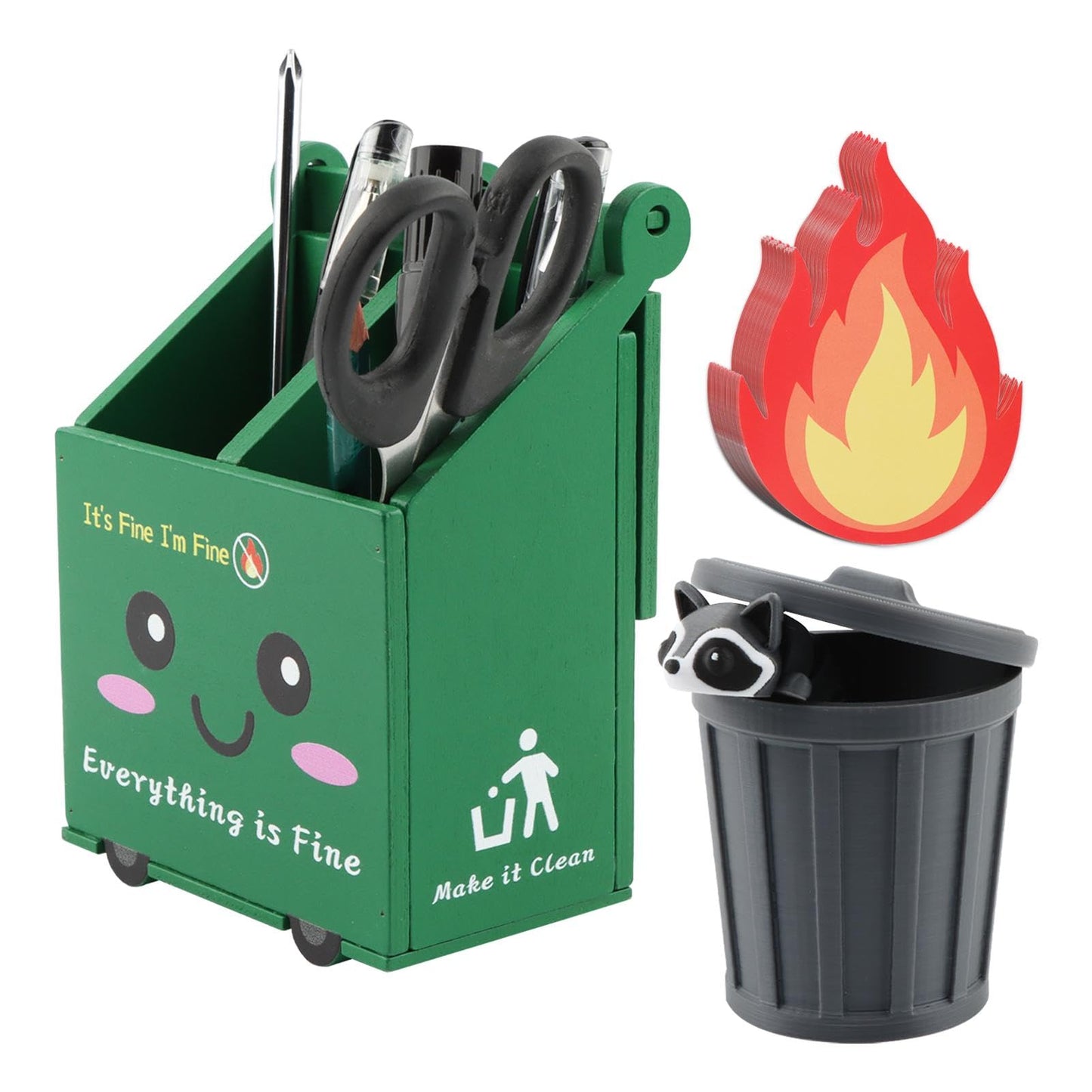 Trivolein Dumpster Fire Pencil Holder with 50 Pcs Flame Note Cards, Funny Dumpster Fire Desk Organizer, Cute Desk Organizer for Office, White Elephant Gag Gift for Coworkers, Men, Women