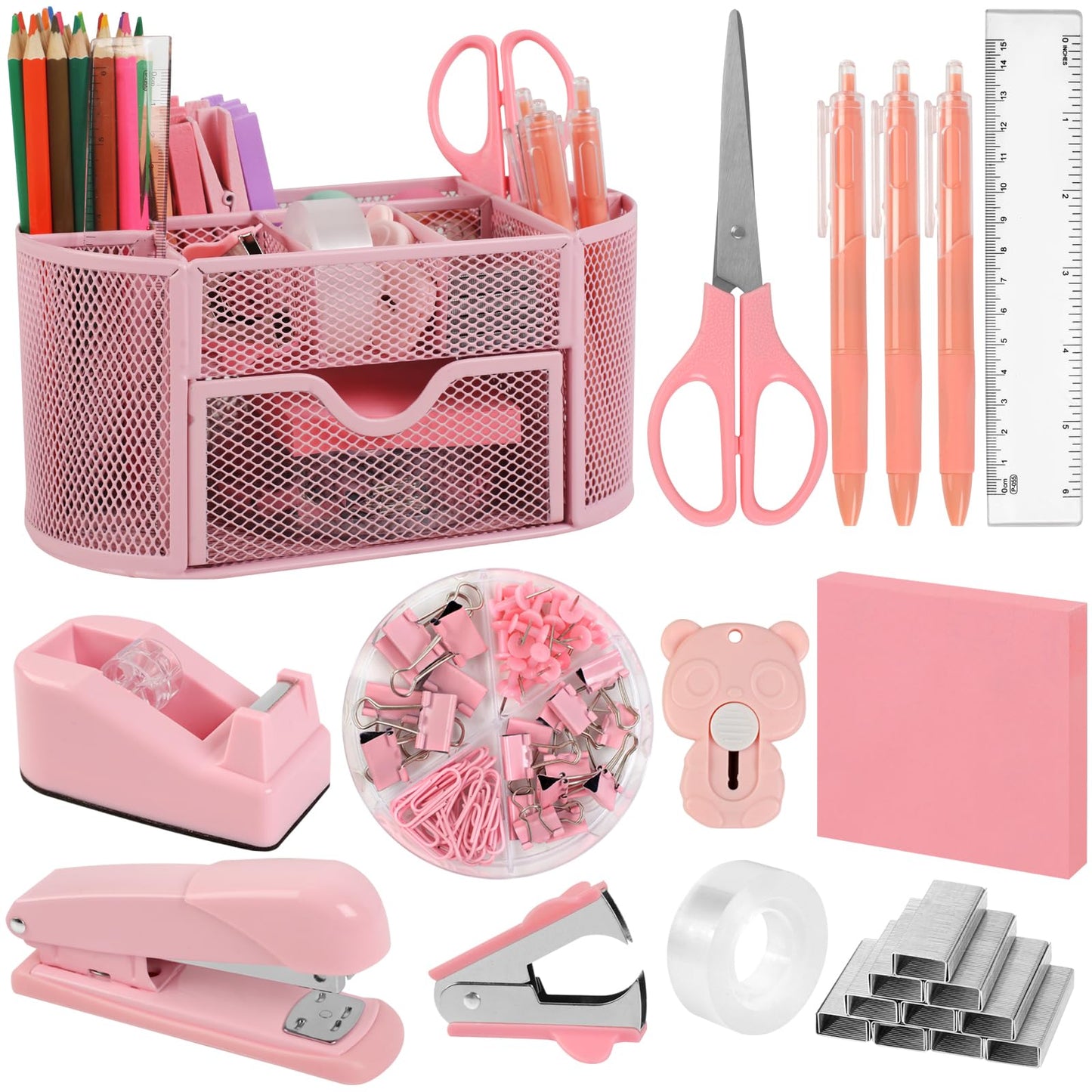 PrintPulse Pink Office Supplies for Desk,14pcs Desk Sets and Accessories, Office Supply Kit with Mesh Desktop Organizer and Stapler,Staple Remover, Staples,Tape Dispenser,Sticky Tabs,Scissors, Ruler