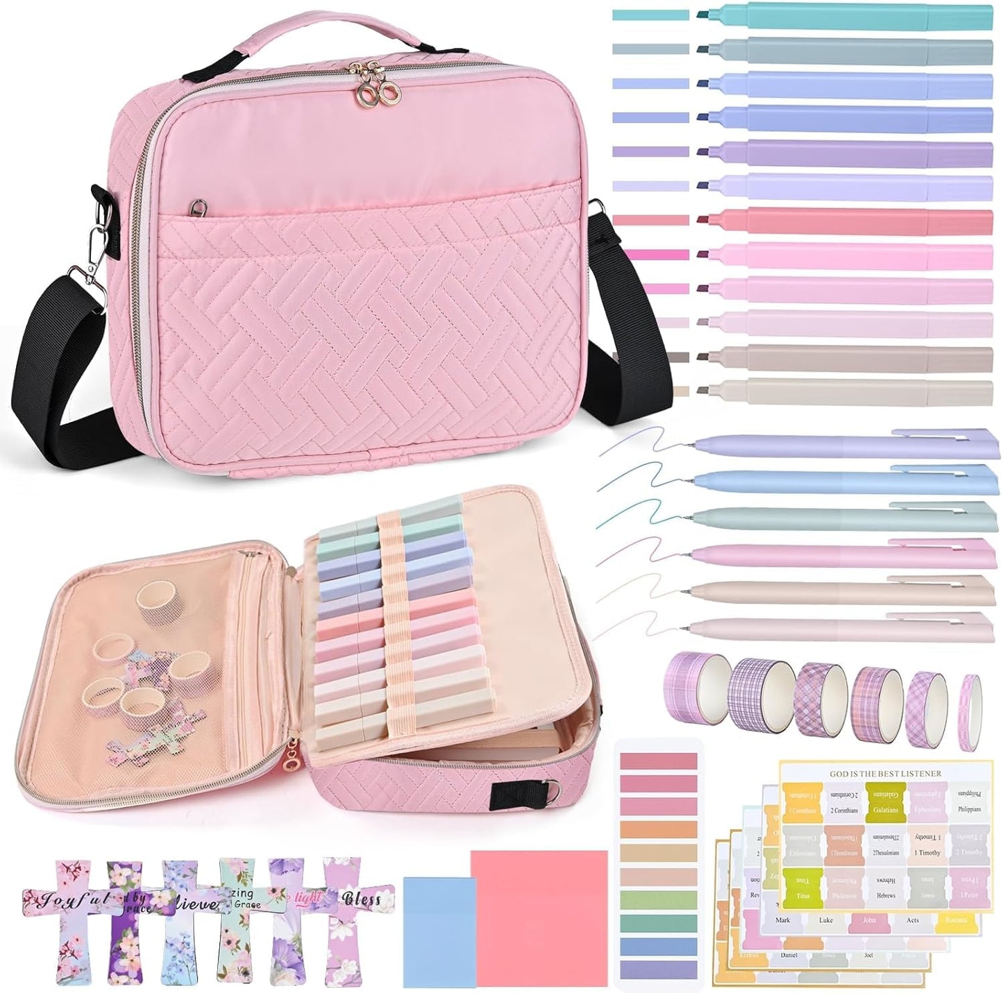Yozbcfv Bible Cover for Women,Large Bible Bag with Shoulder Strap, Bible Study Supplies Carrier Includes Highlighters Tabs,Journaling Kit Case Packed in Gift Box, Christian Gifts for Women(Pink