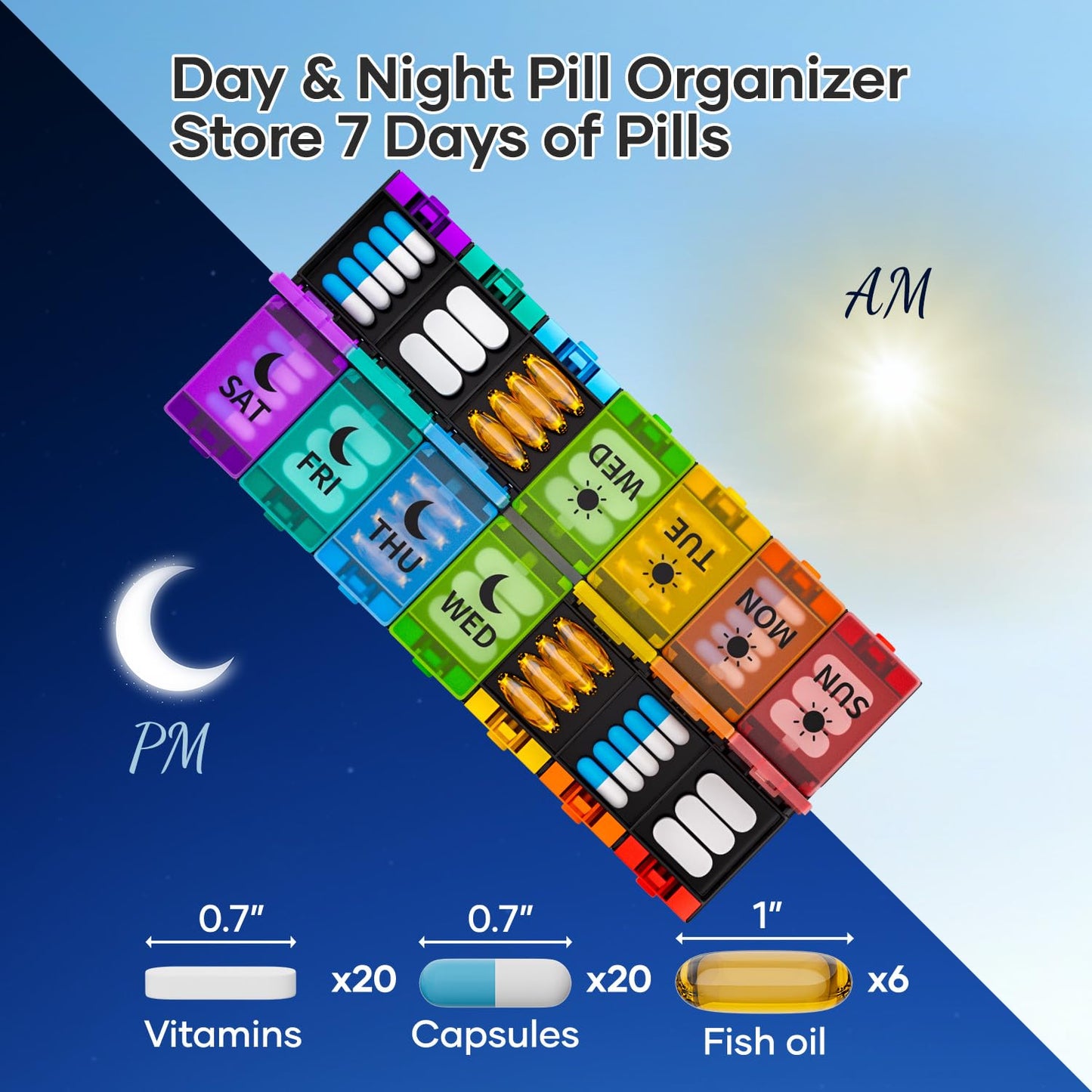Push Button Weekly Pill Organizer 2 Times a Day, Medicine Pill Organizer, Pill Box Case 7 Day AM PM, Pill Container for Vitamins, Fish Oil, Supplements Medication (Colorful)