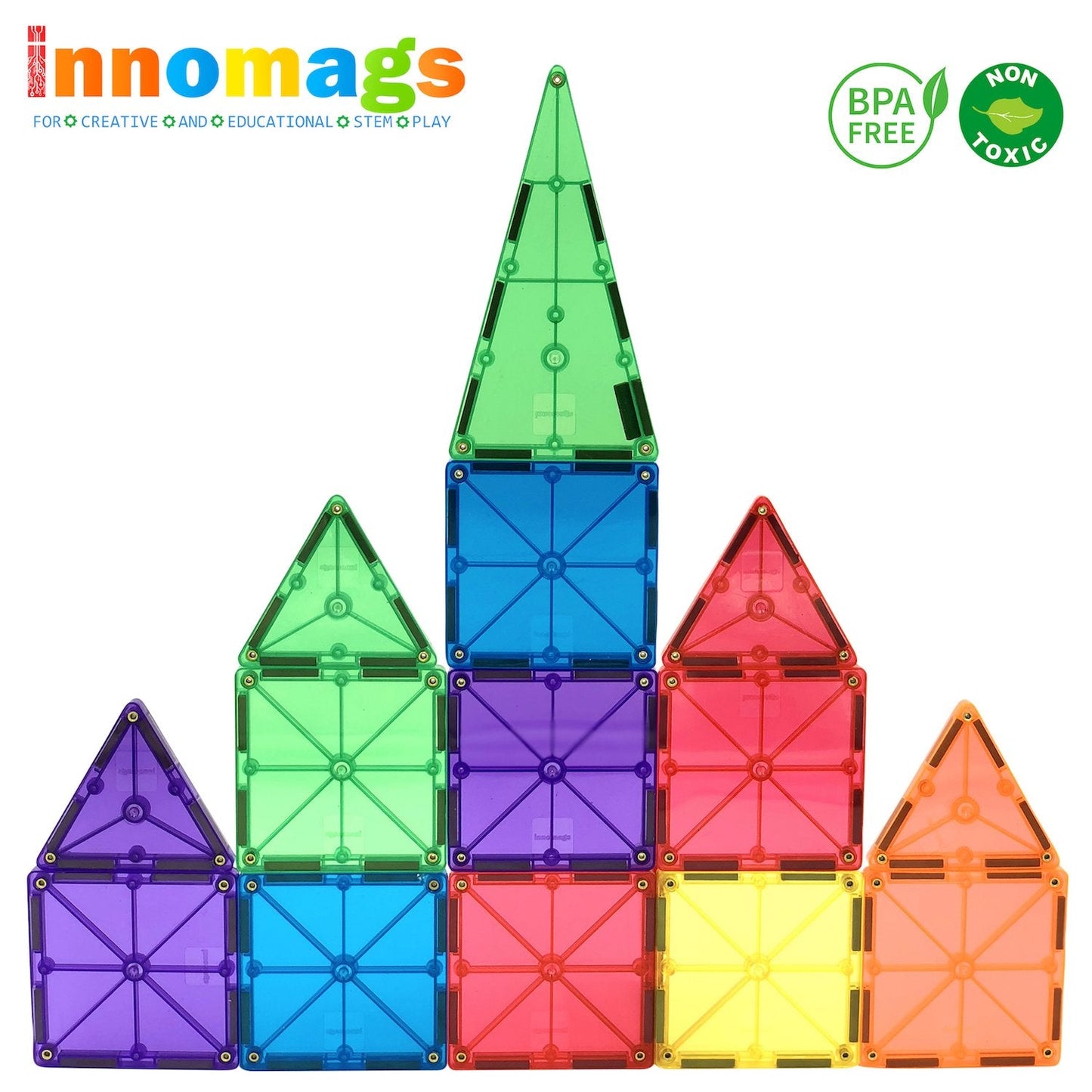 Innomags Magnet Tiles 110 Piece Magnetic Building Blocks Jumbo Tile Set, Clear 3D Magnetic Tiles Stem Educational Construction Playboards for Kids, Creative Clickins, Wheels, Bag, Safety Certified
