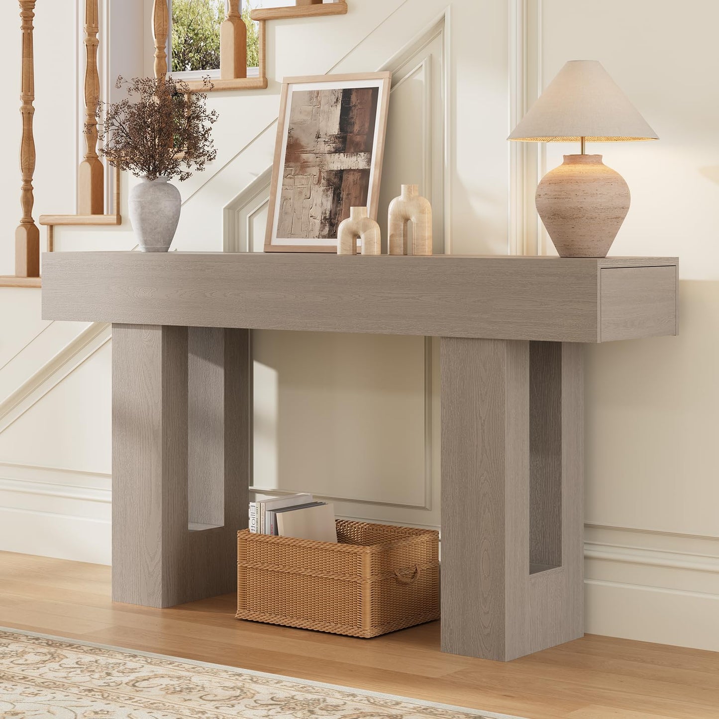 Airynee 63 Inches Long Console Table for Entryway with Drawers, Wooden Sofa Table Behind Couch, Industrial Entry Table for Living Room, Foyer, Hallway, Grey