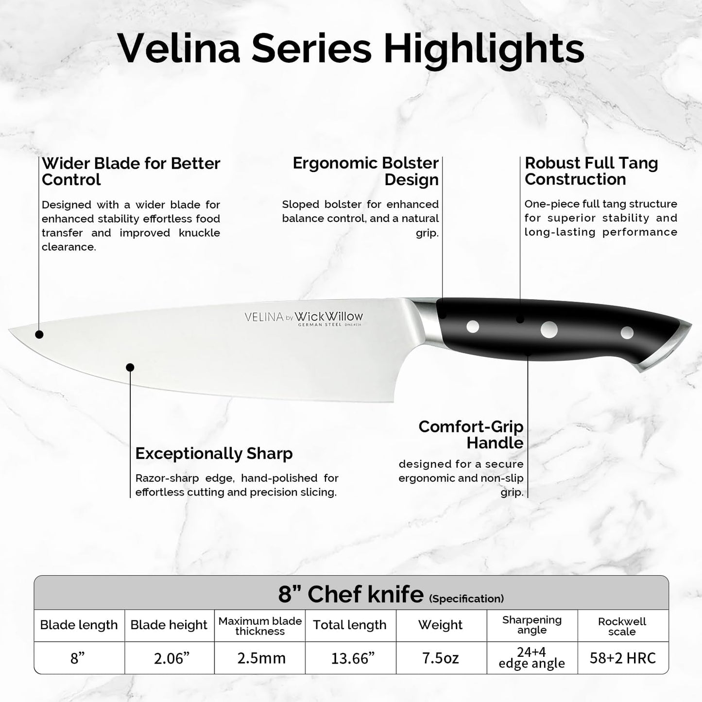 WICKWILLOW 8" Chef Knife – Razor Sharp German Steel – All-Purpose Kitchen Knife for Slicing, Dicing & Chopping – Full Tang & Ergonomic Handle – Gift Box – Velina Series